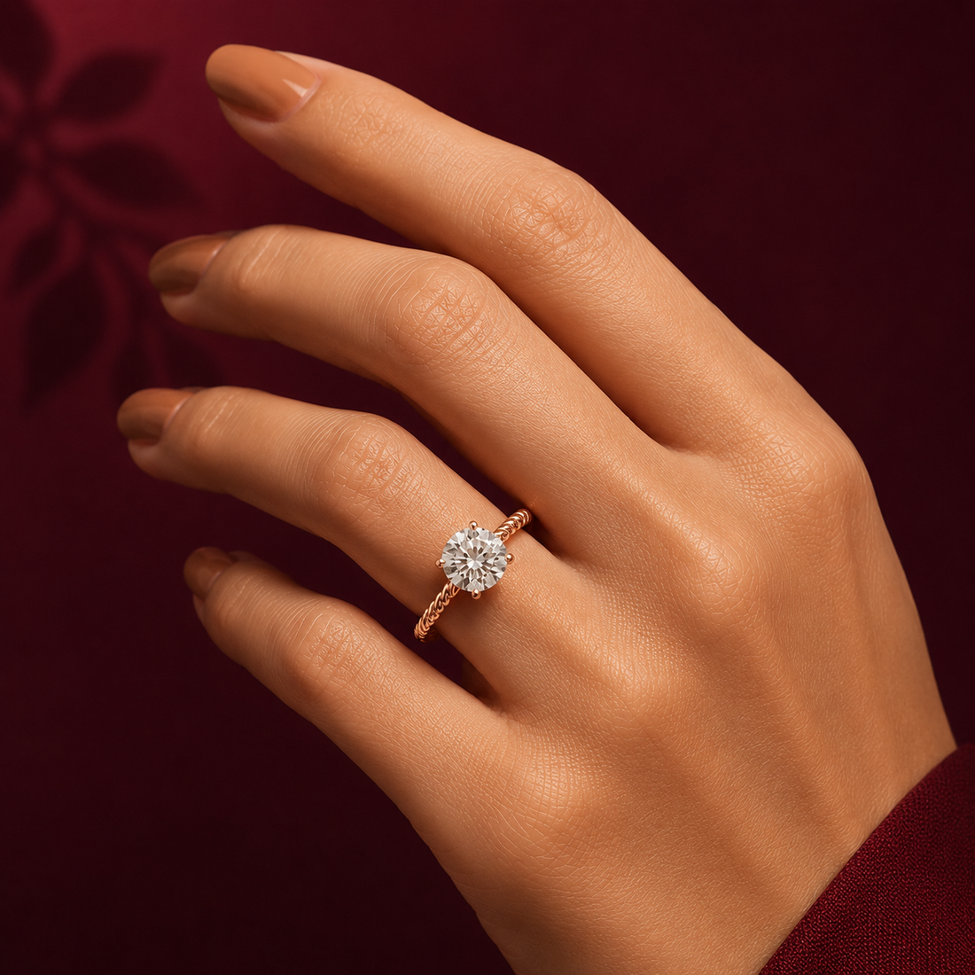1 carat 6.5mm round lab-grown diamond engagement ring featuring a braided, twisted rope rose gold band by The Brillora Jewellery House, isolated on a black background.