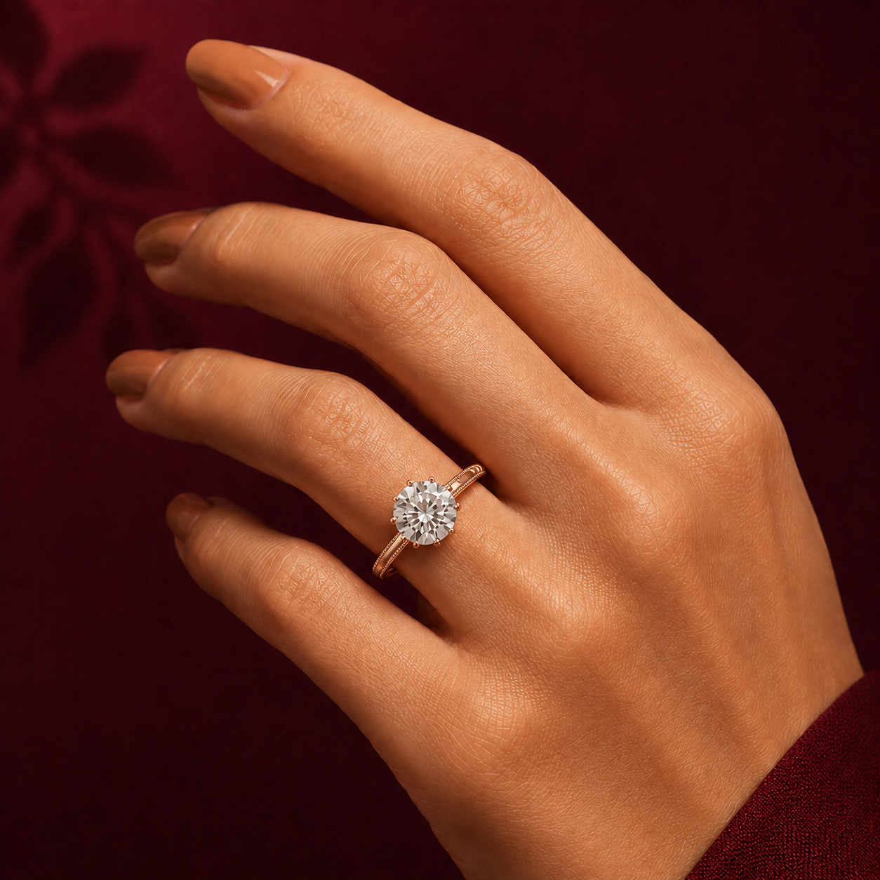 1 carat 6.5mm round lab-grown diamond engagement ring named The Aurelia featuring a yellow gold band with vintage milgrain edges by The Brillora Jewellery House, isolated on a black background.
