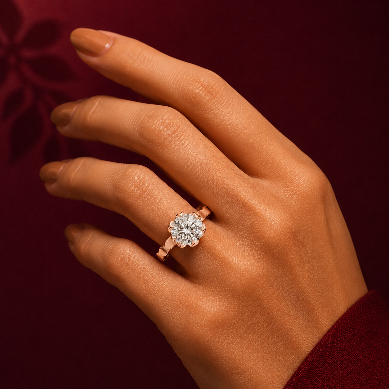 1 carat 6.5mm round lab-grown diamond engagement ring named The Lily featuring a floral petal setting and scalloped white gold band by The Brillora Jewellery House, isolated on a black background.