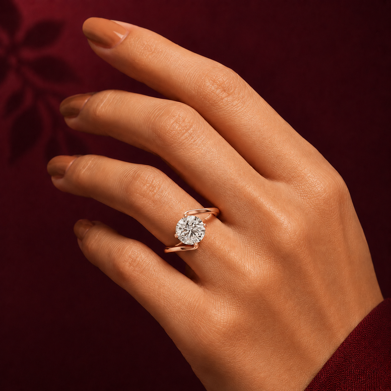 1 carat 6.5mm round lab-grown diamond engagement ring named The Seraphina featuring a modern asymmetrical bypass rose gold band by The Brillora Jewellery House, isolated on a black background.