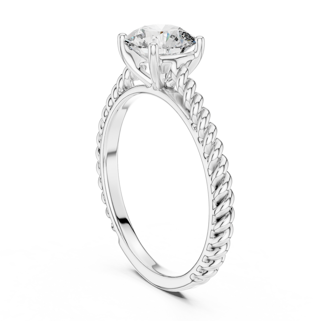1 carat 6.5mm round lab-grown diamond engagement ring featuring a braided, twisted rope rose gold band by The Brillora Jewellery House, isolated on a black background.