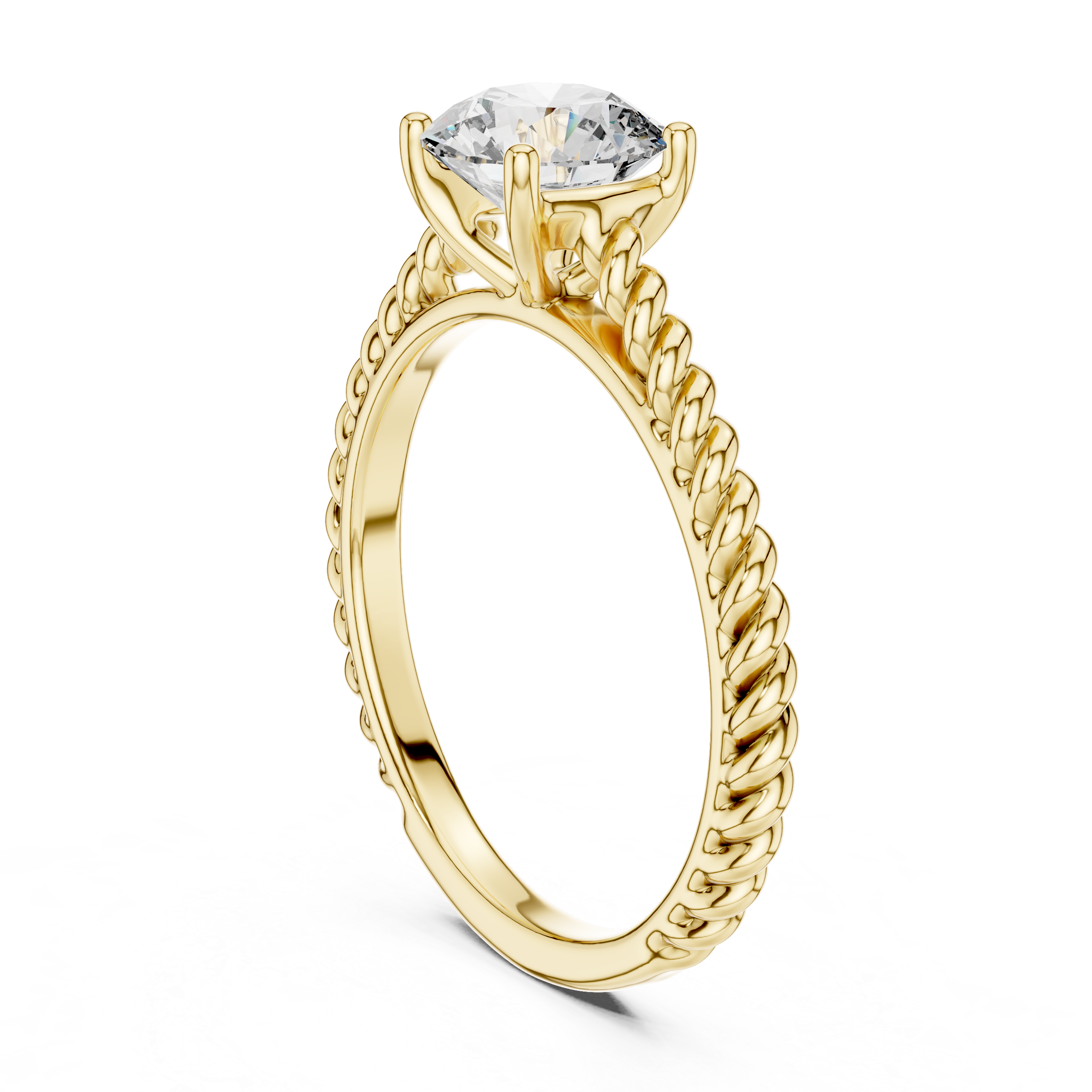 1 carat 6.5mm round lab-grown diamond engagement ring featuring a braided, twisted rope rose gold band by The Brillora Jewellery House, isolated on a black background.