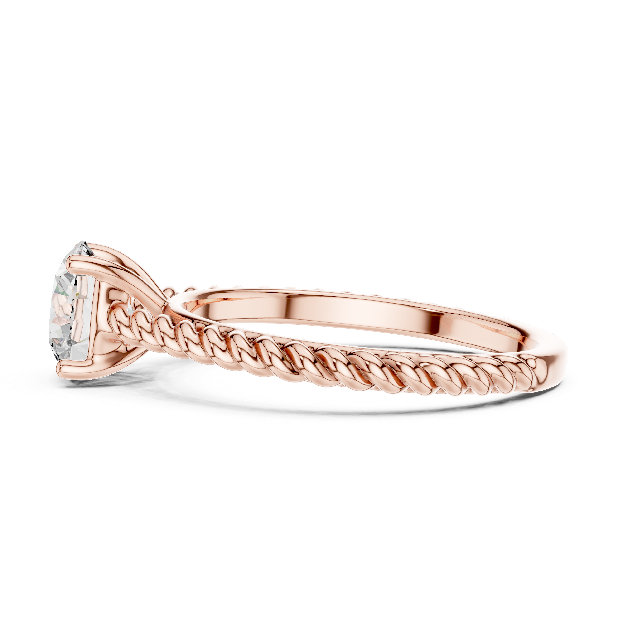 1 carat 6.5mm round lab-grown diamond engagement ring featuring a braided, twisted rope rose gold band by The Brillora Jewellery House, isolated on a black background.