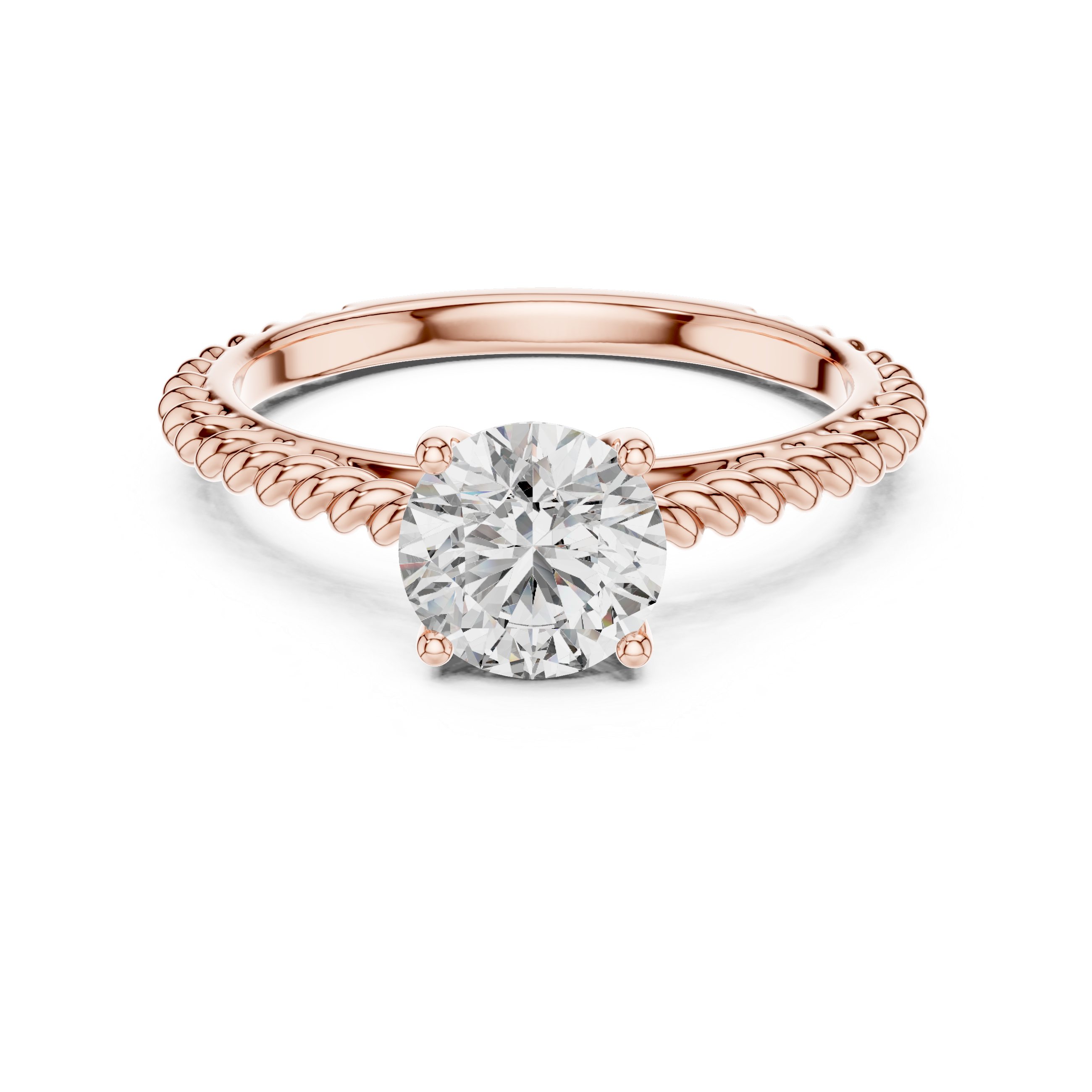 1 carat 6.5mm round lab-grown diamond engagement ring featuring a braided, twisted rope rose gold band by The Brillora Jewellery House, isolated on a black background.