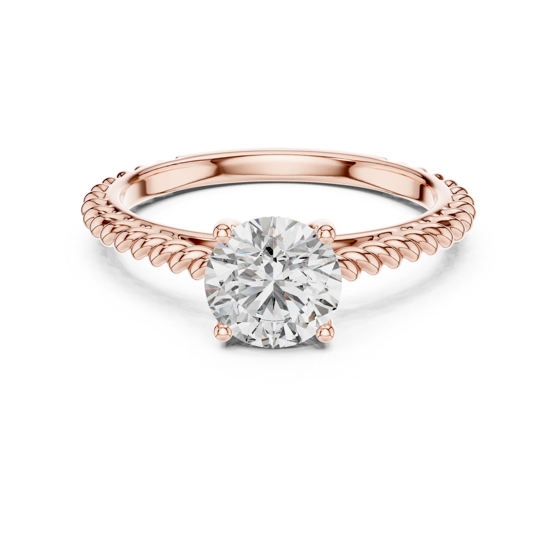 1 carat 6.5mm round lab-grown diamond engagement ring featuring a braided, twisted rope rose gold band by The Brillora Jewellery House, isolated on a black background.