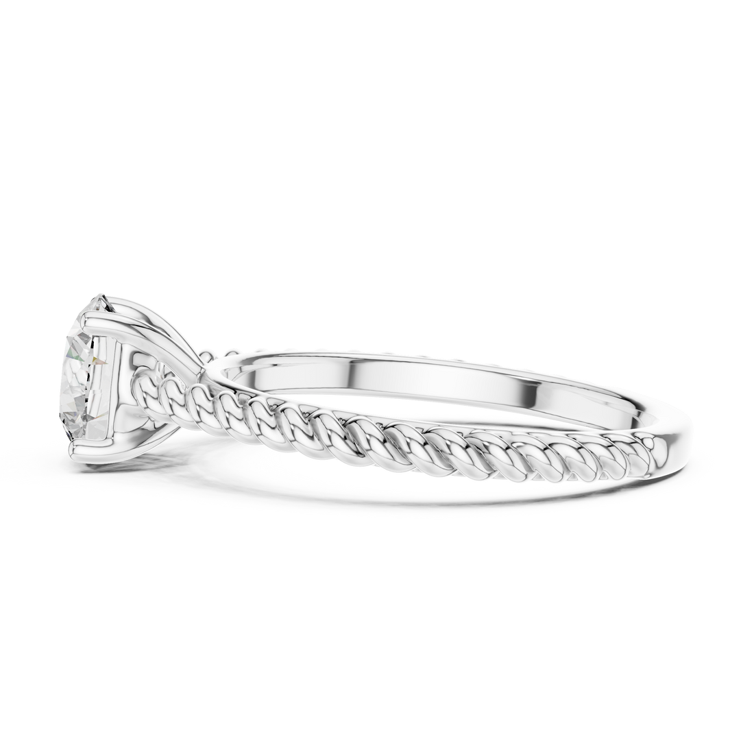 1 carat 6.5mm round lab-grown diamond engagement ring featuring a braided, twisted rope rose gold band by The Brillora Jewellery House, isolated on a black background.