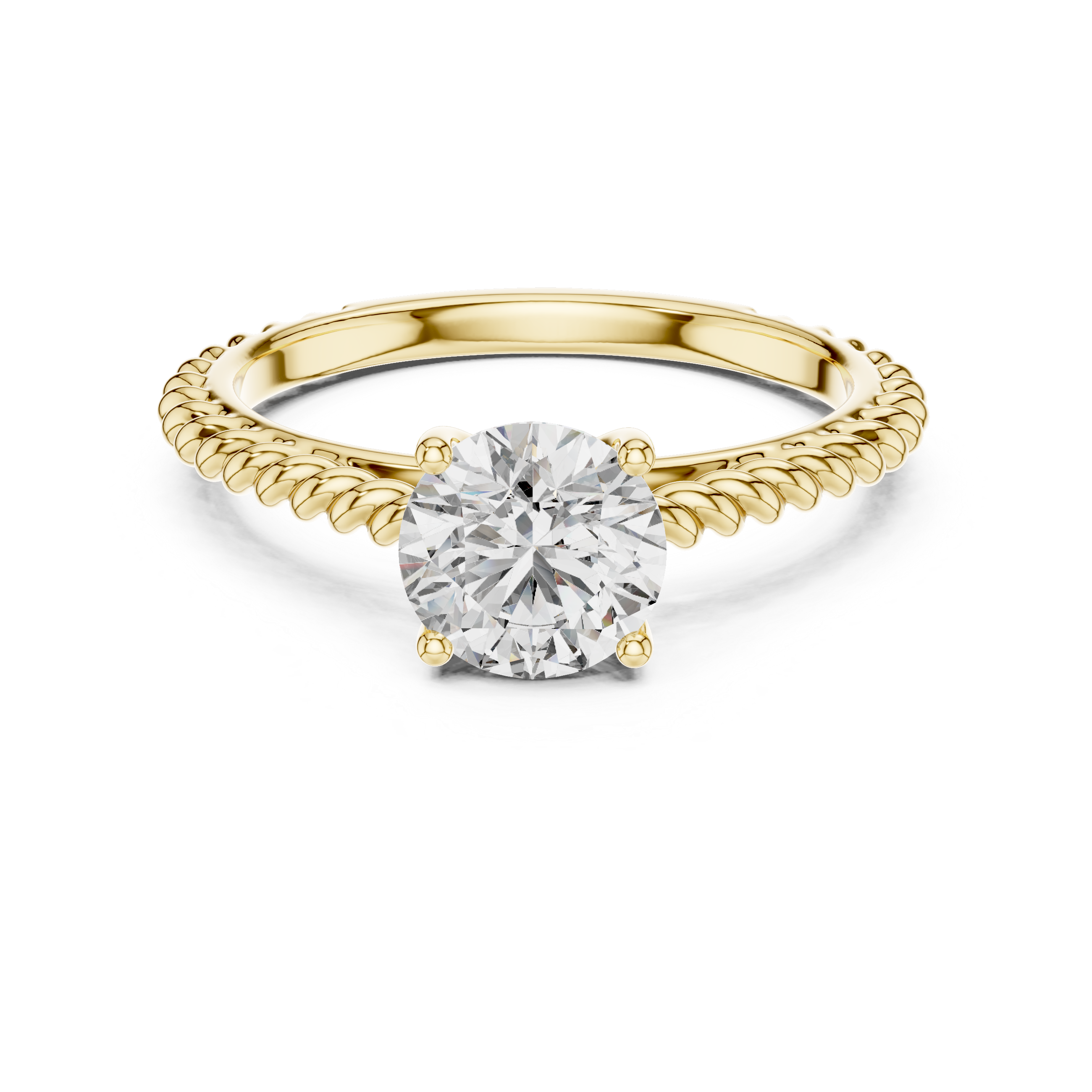 1 carat 6.5mm round lab-grown diamond engagement ring featuring a braided, twisted rope rose gold band by The Brillora Jewellery House, isolated on a black background.
