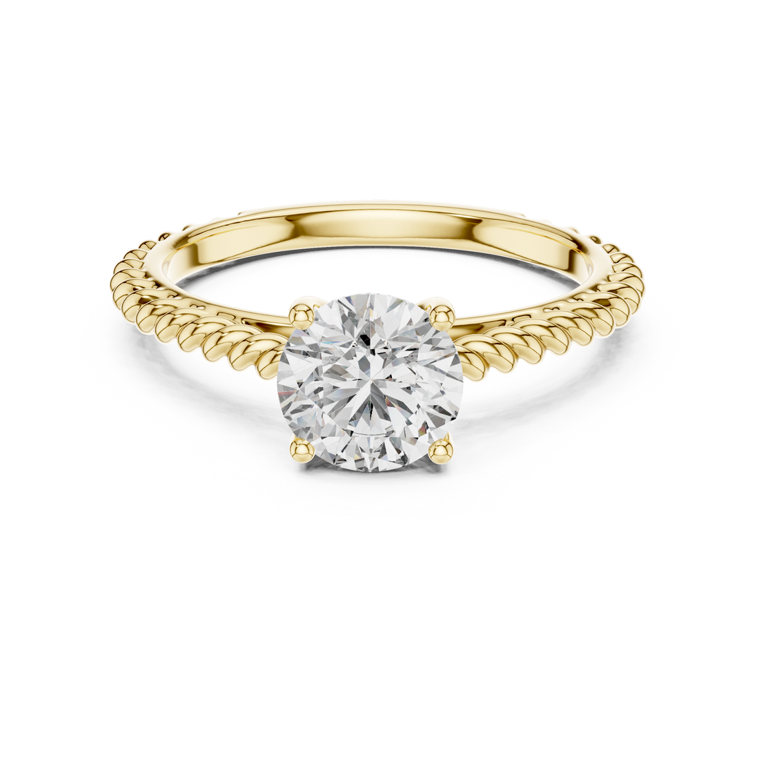 1 carat 6.5mm round lab-grown diamond engagement ring featuring a braided, twisted rope rose gold band by The Brillora Jewellery House, isolated on a black background.