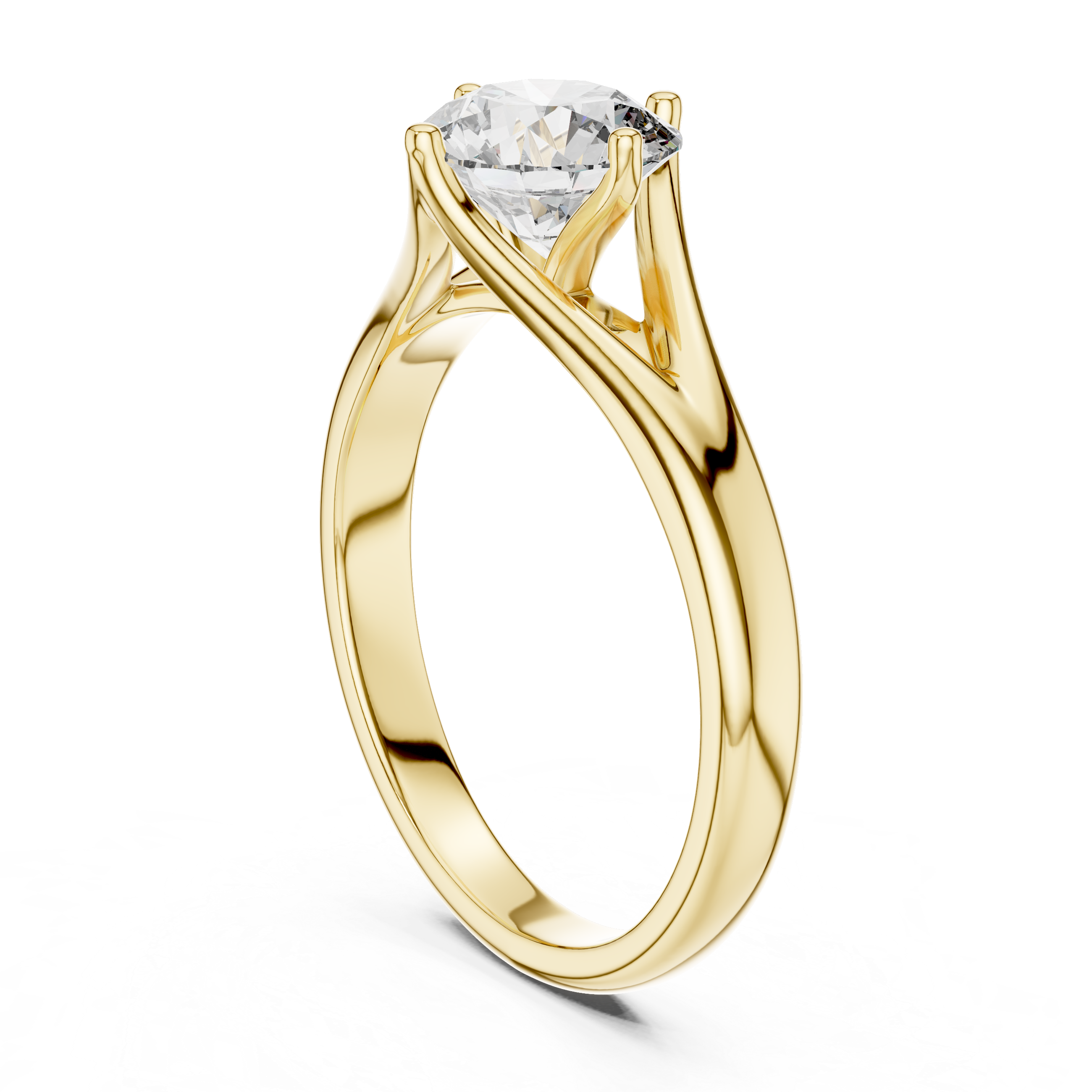 1 carat 6.5mm round lab-grown diamond engagement ring named The Lyra featuring a sweeping split shank rose gold band by The Brillora Jewellery House, isolated on a black background.