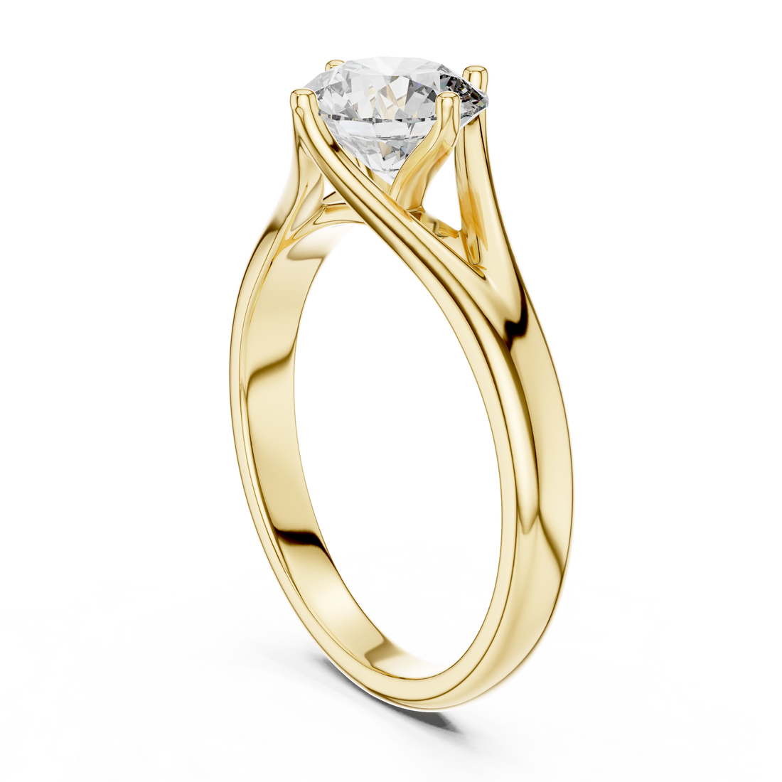 1 carat 6.5mm round lab-grown diamond engagement ring named The Lyra featuring a sweeping split shank rose gold band by The Brillora Jewellery House, isolated on a black background.