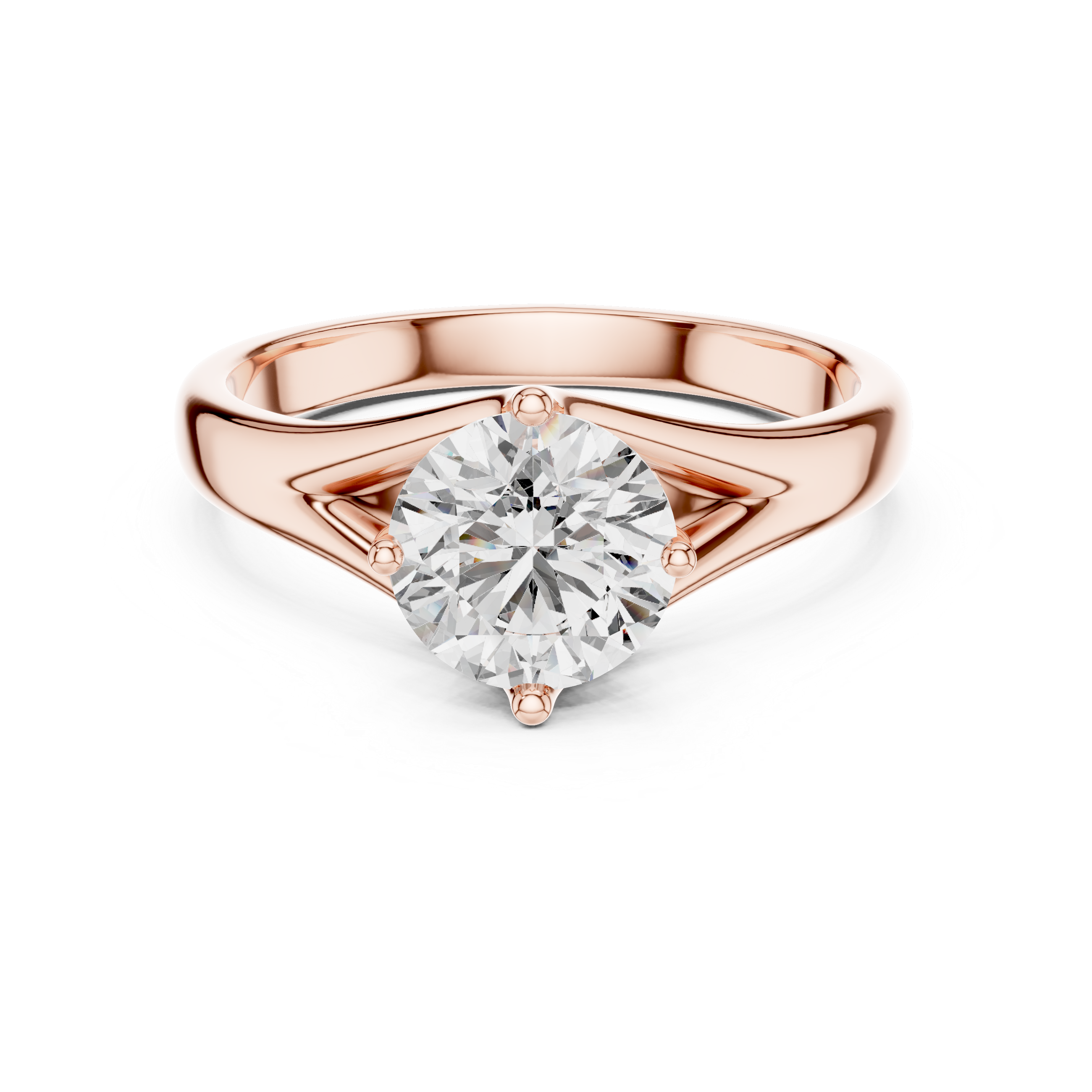 1 carat 6.5mm round lab-grown diamond engagement ring named The Lyra featuring a sweeping split shank rose gold band by The Brillora Jewellery House, isolated on a black background.