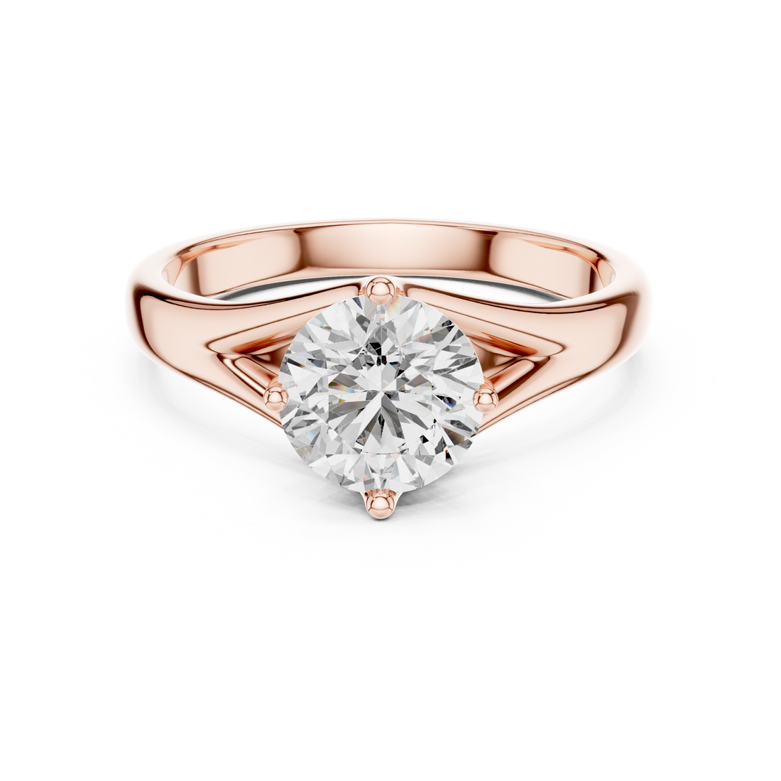 1 carat 6.5mm round lab-grown diamond engagement ring named The Lyra featuring a sweeping split shank rose gold band by The Brillora Jewellery House, isolated on a black background.