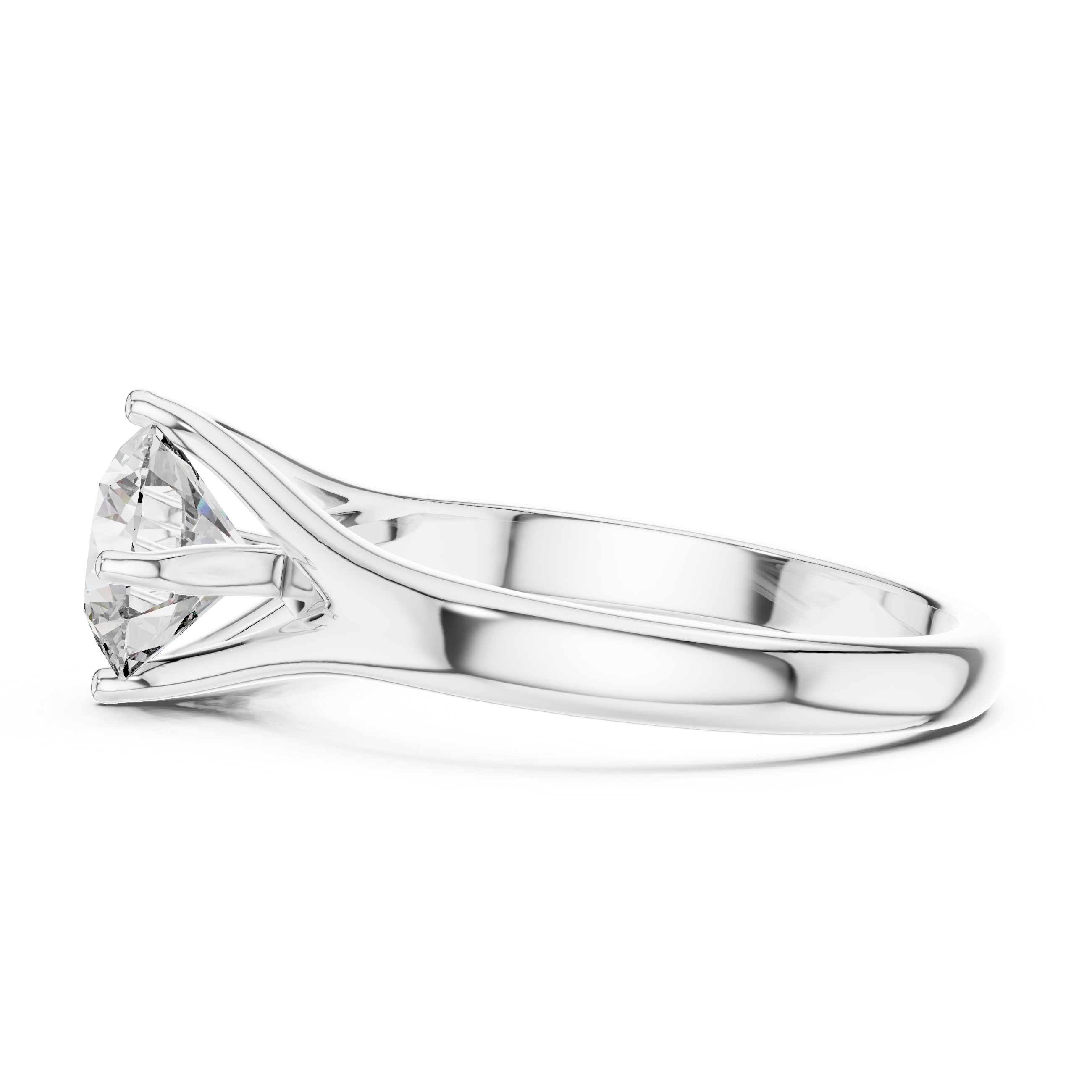 1 carat 6.5mm round lab-grown diamond engagement ring named The Lyra featuring a sweeping split shank rose gold band by The Brillora Jewellery House, isolated on a black background.
