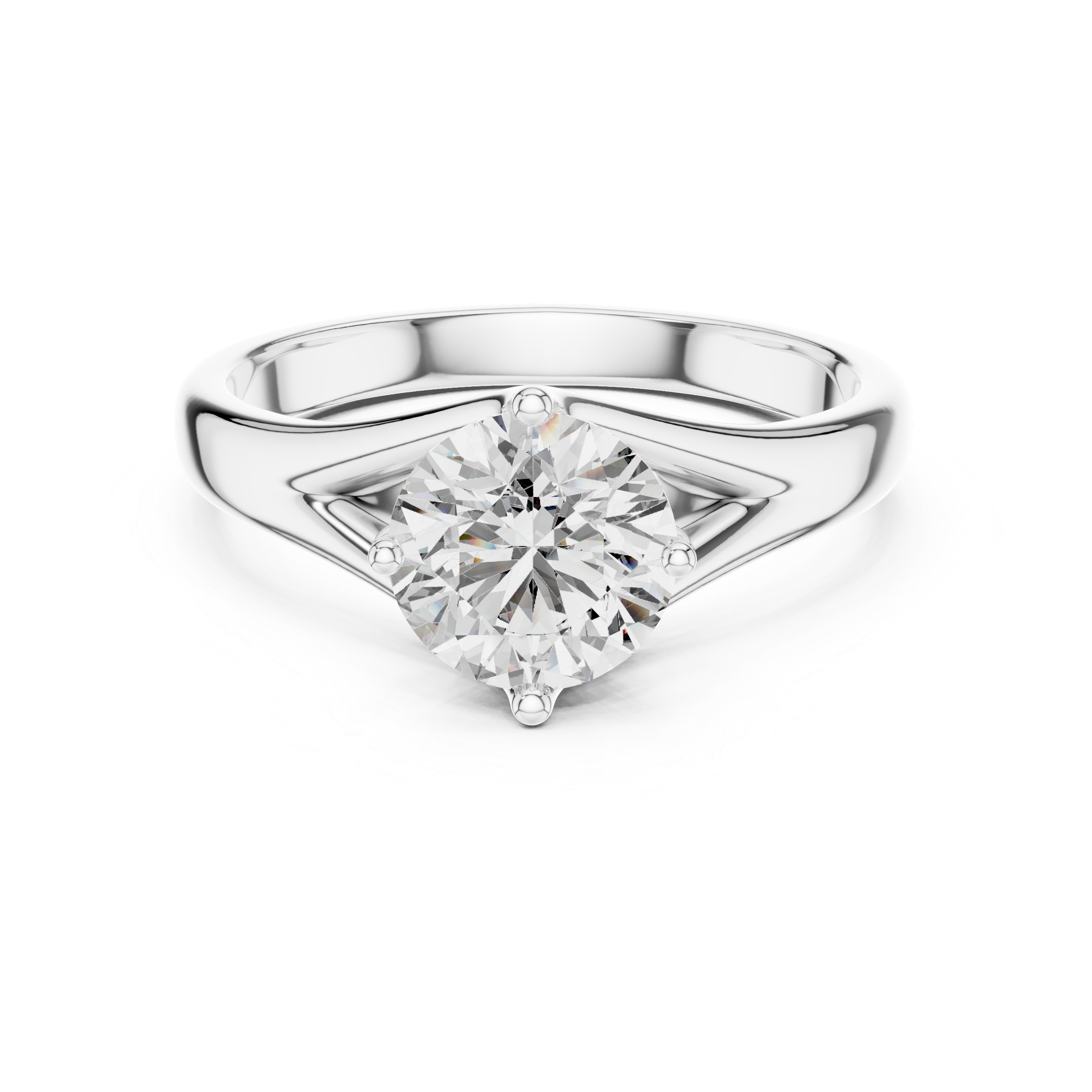 1 carat 6.5mm round lab-grown diamond engagement ring named The Lyra featuring a sweeping split shank rose gold band by The Brillora Jewellery House, isolated on a black background.