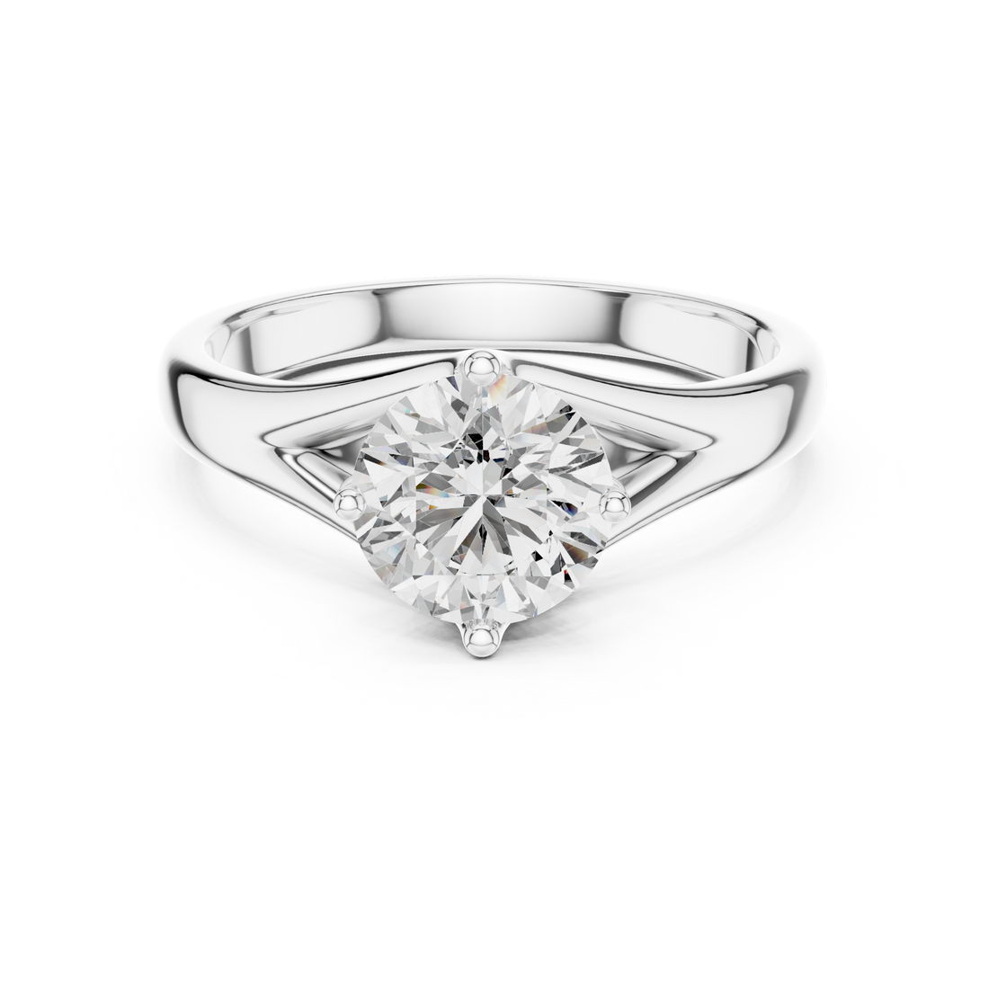1 carat 6.5mm round lab-grown diamond engagement ring named The Lyra featuring a sweeping split shank rose gold band by The Brillora Jewellery House, isolated on a black background.