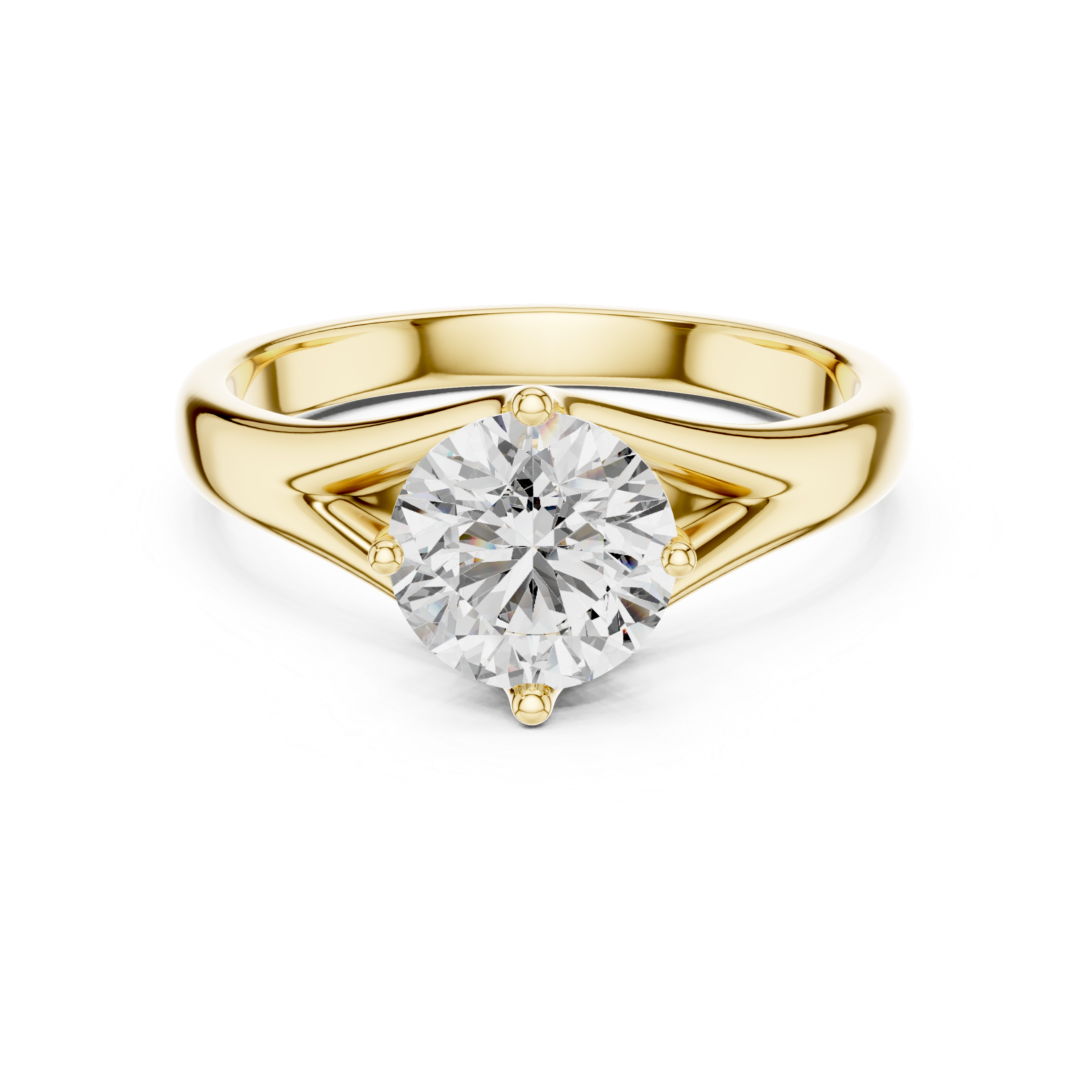 1 carat 6.5mm round lab-grown diamond engagement ring named The Lyra featuring a sweeping split shank rose gold band by The Brillora Jewellery House, isolated on a black background.