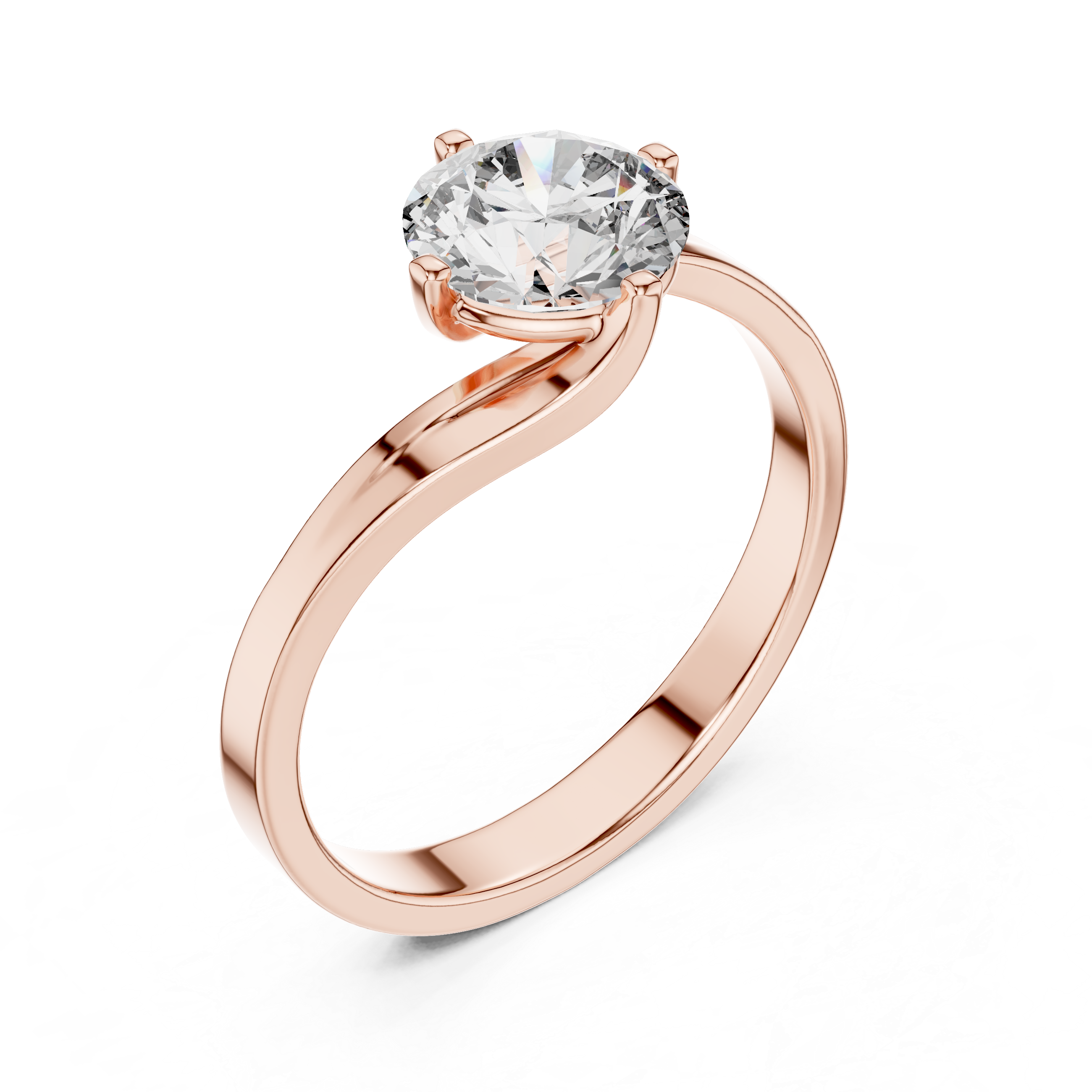 1 carat 6.5mm round lab-grown diamond engagement ring named The Seraphina featuring a modern asymmetrical bypass rose gold band by The Brillora Jewellery House, isolated on a black background.