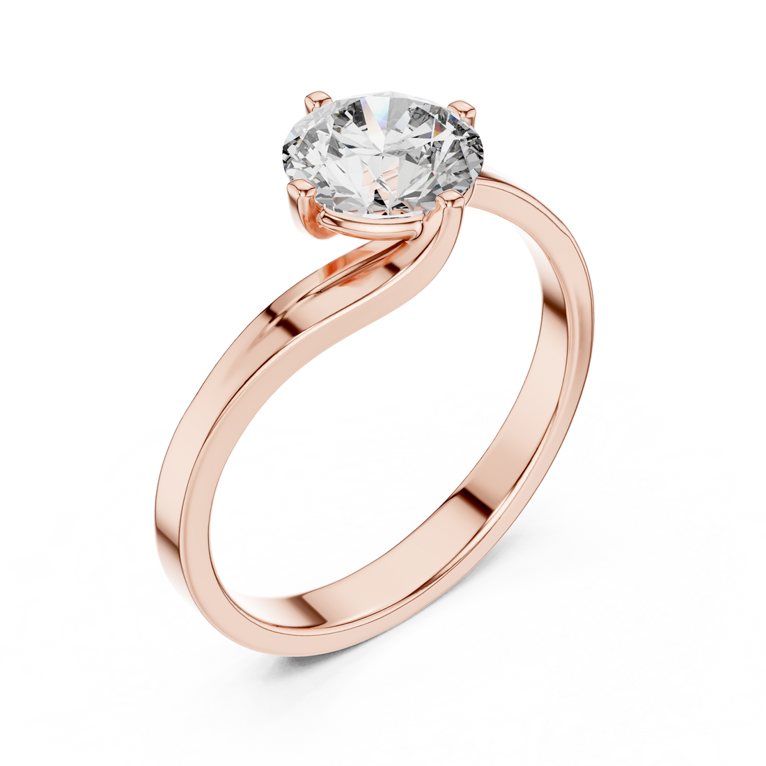 1 carat 6.5mm round lab-grown diamond engagement ring named The Seraphina featuring a modern asymmetrical bypass rose gold band by The Brillora Jewellery House, isolated on a black background.