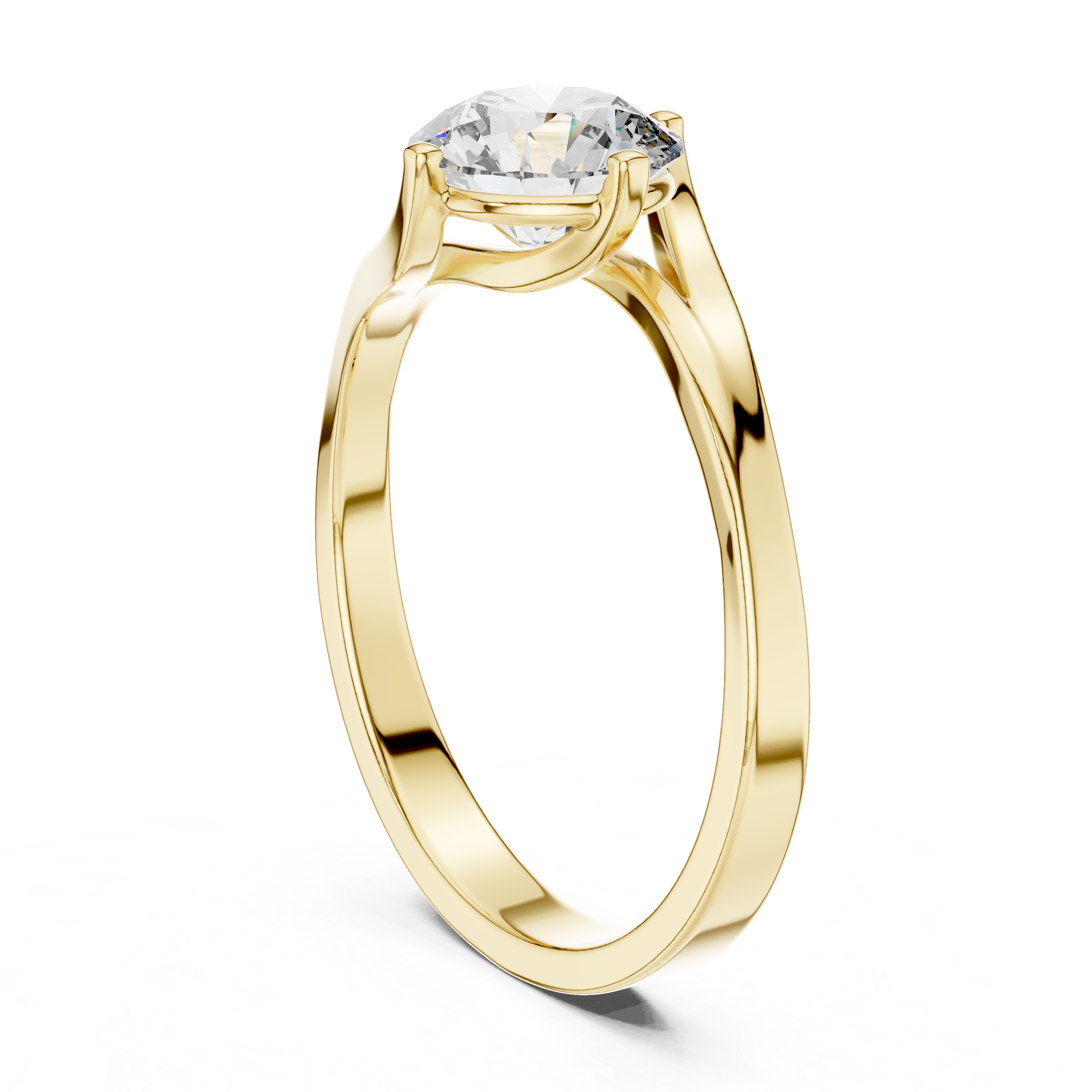 1 carat 6.5mm round lab-grown diamond engagement ring named The Seraphina featuring a modern asymmetrical bypass rose gold band by The Brillora Jewellery House, isolated on a black background.