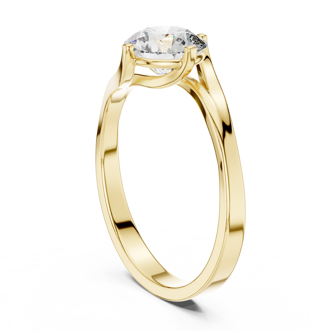 1 carat 6.5mm round lab-grown diamond engagement ring named The Seraphina featuring a modern asymmetrical bypass rose gold band by The Brillora Jewellery House, isolated on a black background.