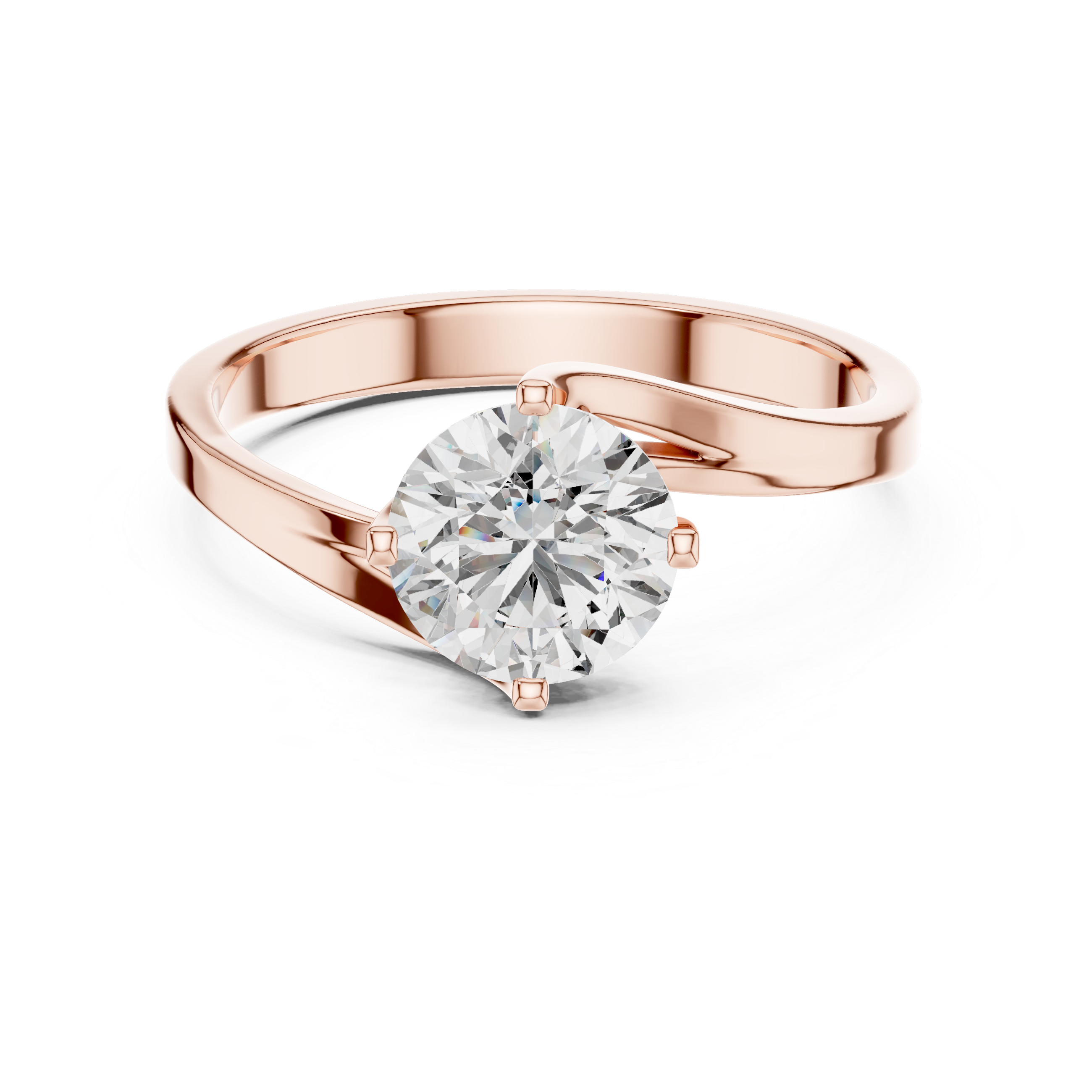 1 carat 6.5mm round lab-grown diamond engagement ring named The Seraphina featuring a modern asymmetrical bypass rose gold band by The Brillora Jewellery House, isolated on a black background.