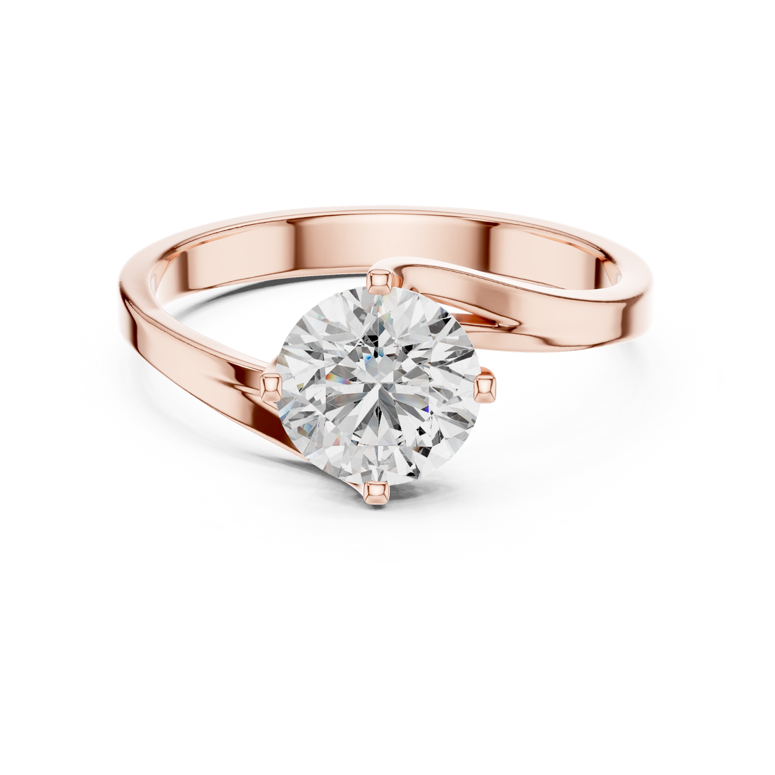 1 carat 6.5mm round lab-grown diamond engagement ring named The Seraphina featuring a modern asymmetrical bypass rose gold band by The Brillora Jewellery House, isolated on a black background.