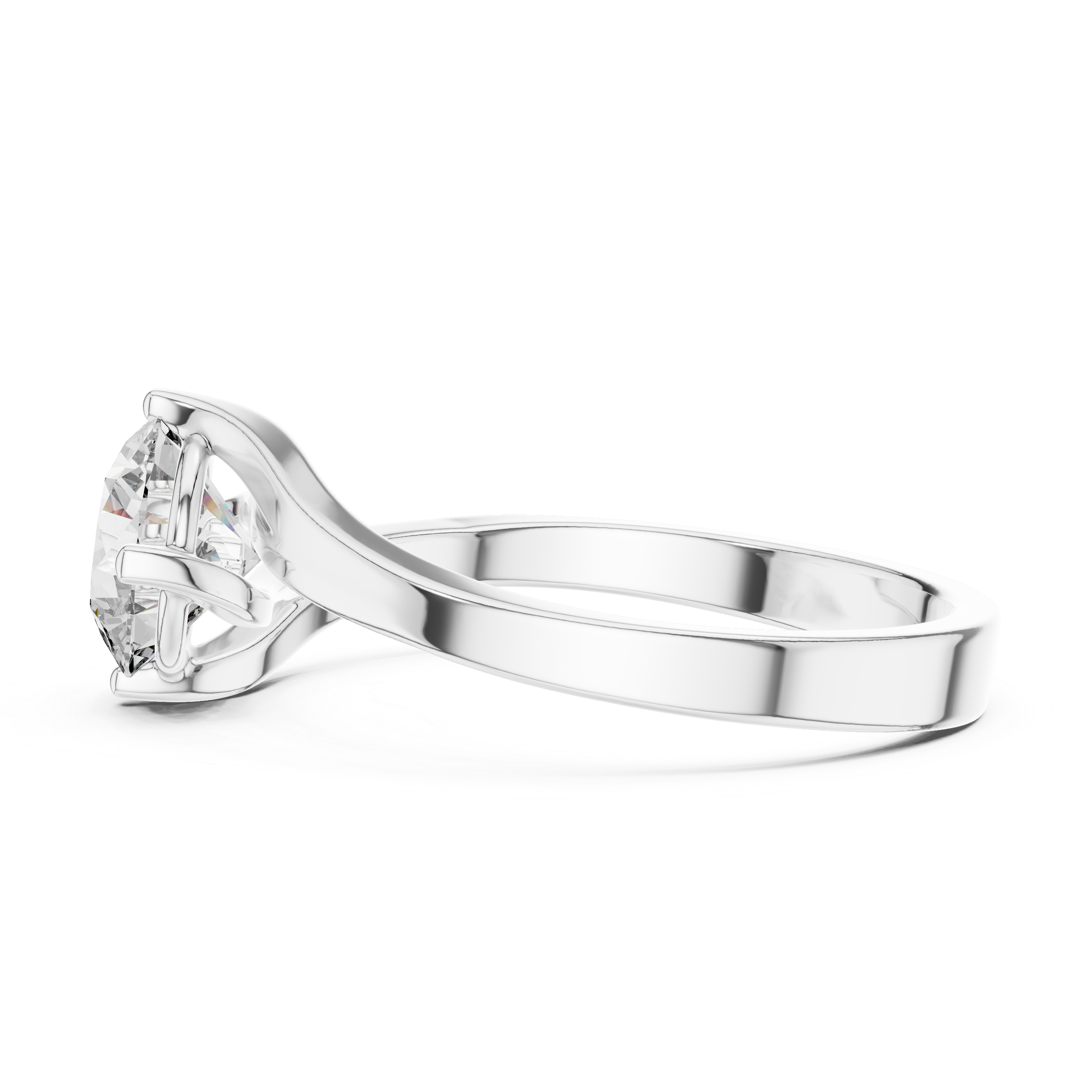 1 carat 6.5mm round lab-grown diamond engagement ring named The Seraphina featuring a modern asymmetrical bypass rose gold band by The Brillora Jewellery House, isolated on a black background.