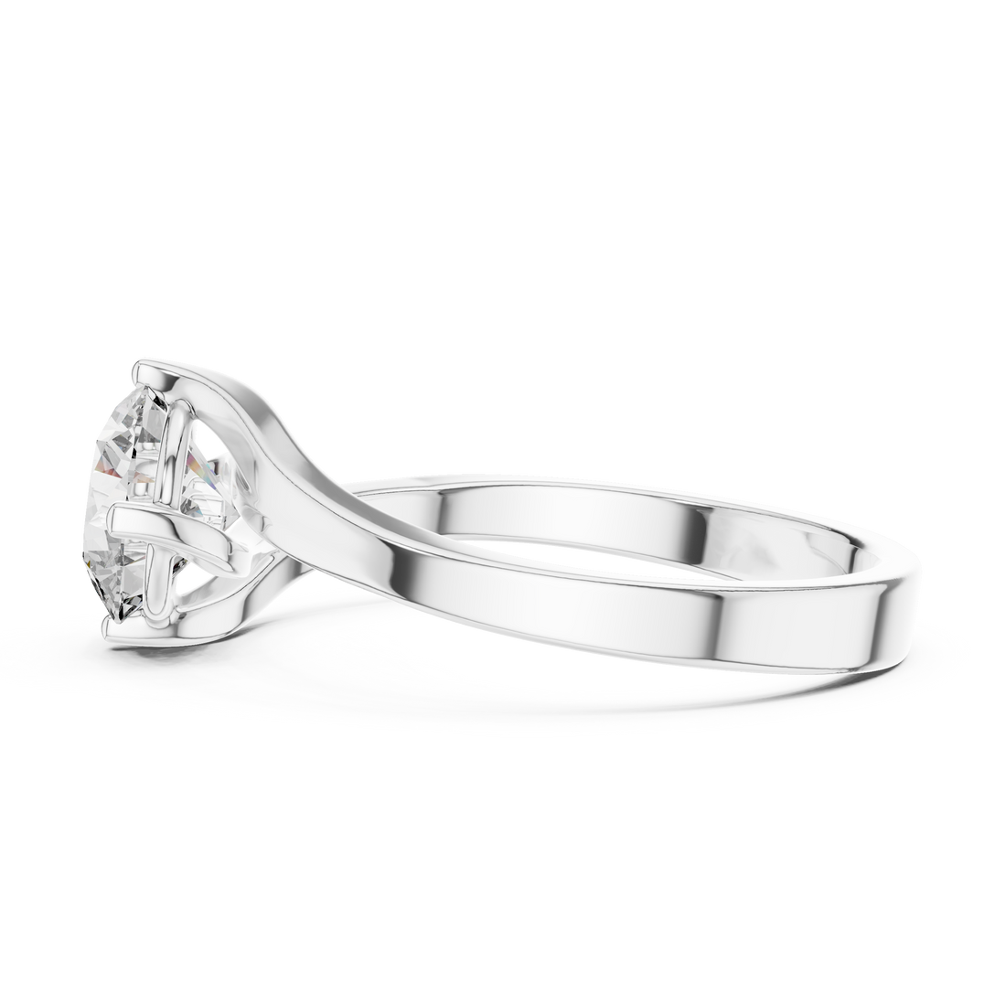 1 carat 6.5mm round lab-grown diamond engagement ring named The Seraphina featuring a modern asymmetrical bypass rose gold band by The Brillora Jewellery House, isolated on a black background.