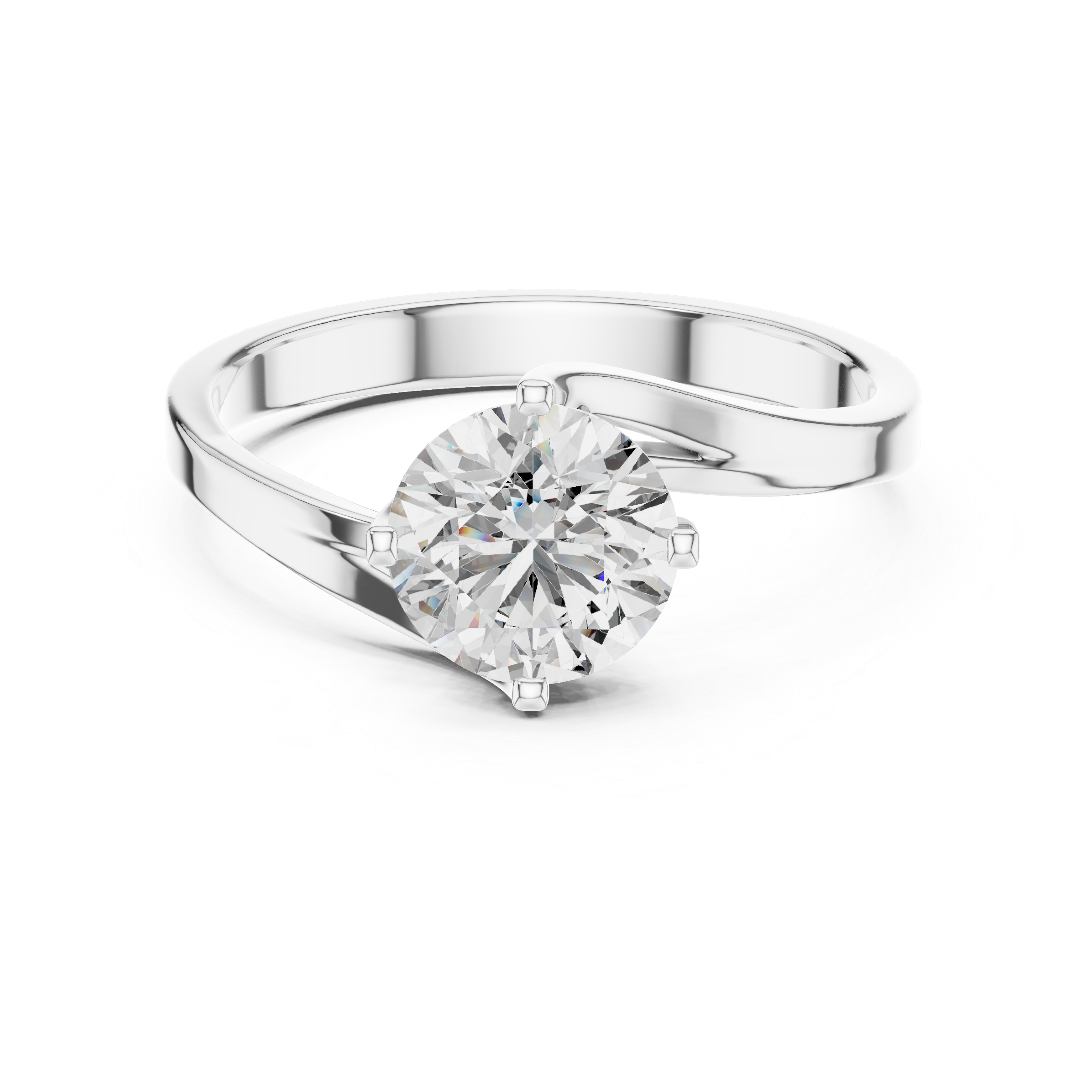 1 carat 6.5mm round lab-grown diamond engagement ring named The Seraphina featuring a modern asymmetrical bypass rose gold band by The Brillora Jewellery House, isolated on a black background.