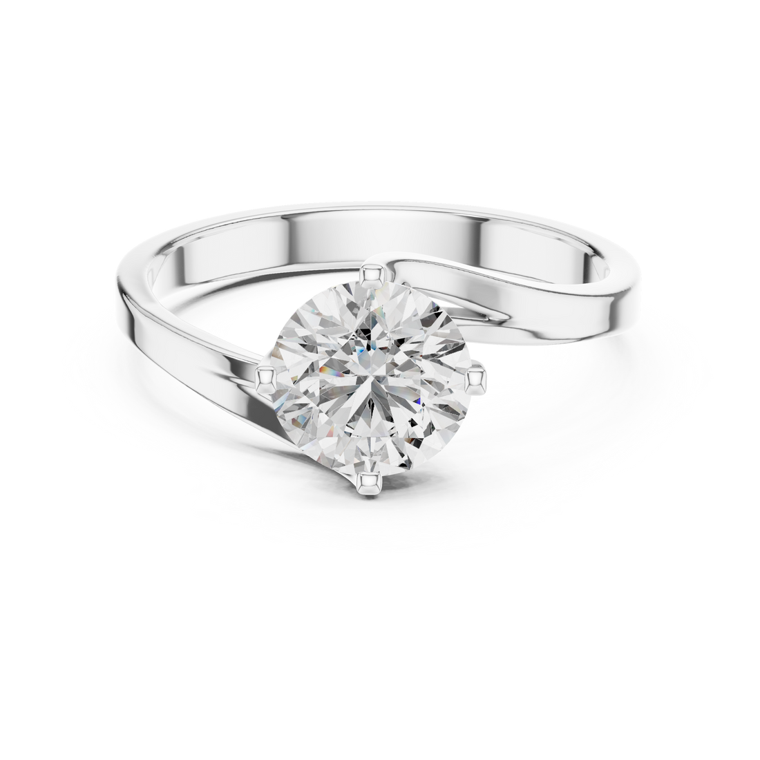 1 carat 6.5mm round lab-grown diamond engagement ring named The Seraphina featuring a modern asymmetrical bypass rose gold band by The Brillora Jewellery House, isolated on a black background.