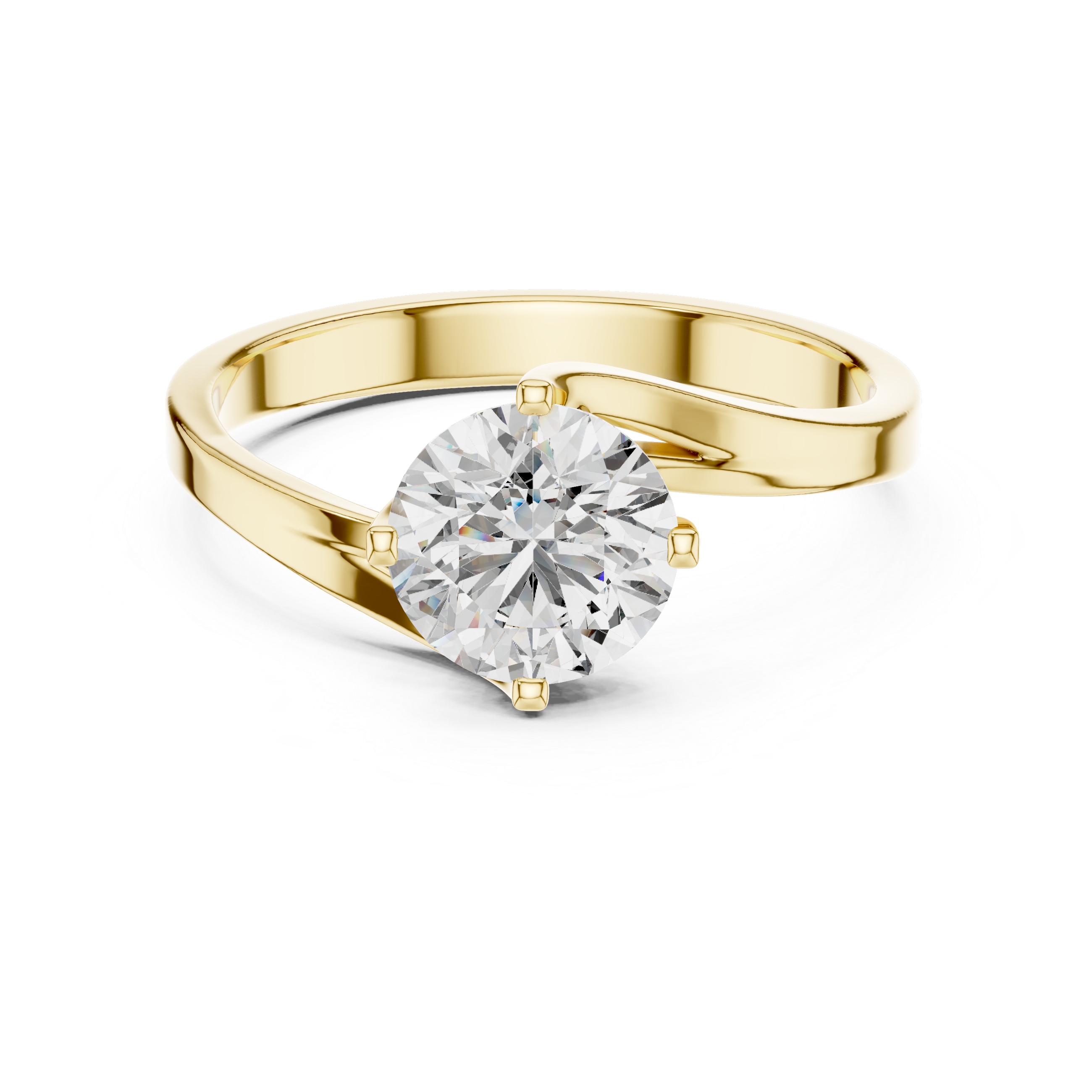1 carat 6.5mm round lab-grown diamond engagement ring named The Seraphina featuring a modern asymmetrical bypass rose gold band by The Brillora Jewellery House, isolated on a black background.