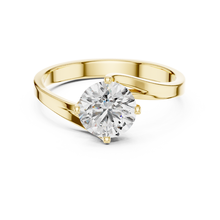 1 carat 6.5mm round lab-grown diamond engagement ring named The Seraphina featuring a modern asymmetrical bypass rose gold band by The Brillora Jewellery House, isolated on a black background.
