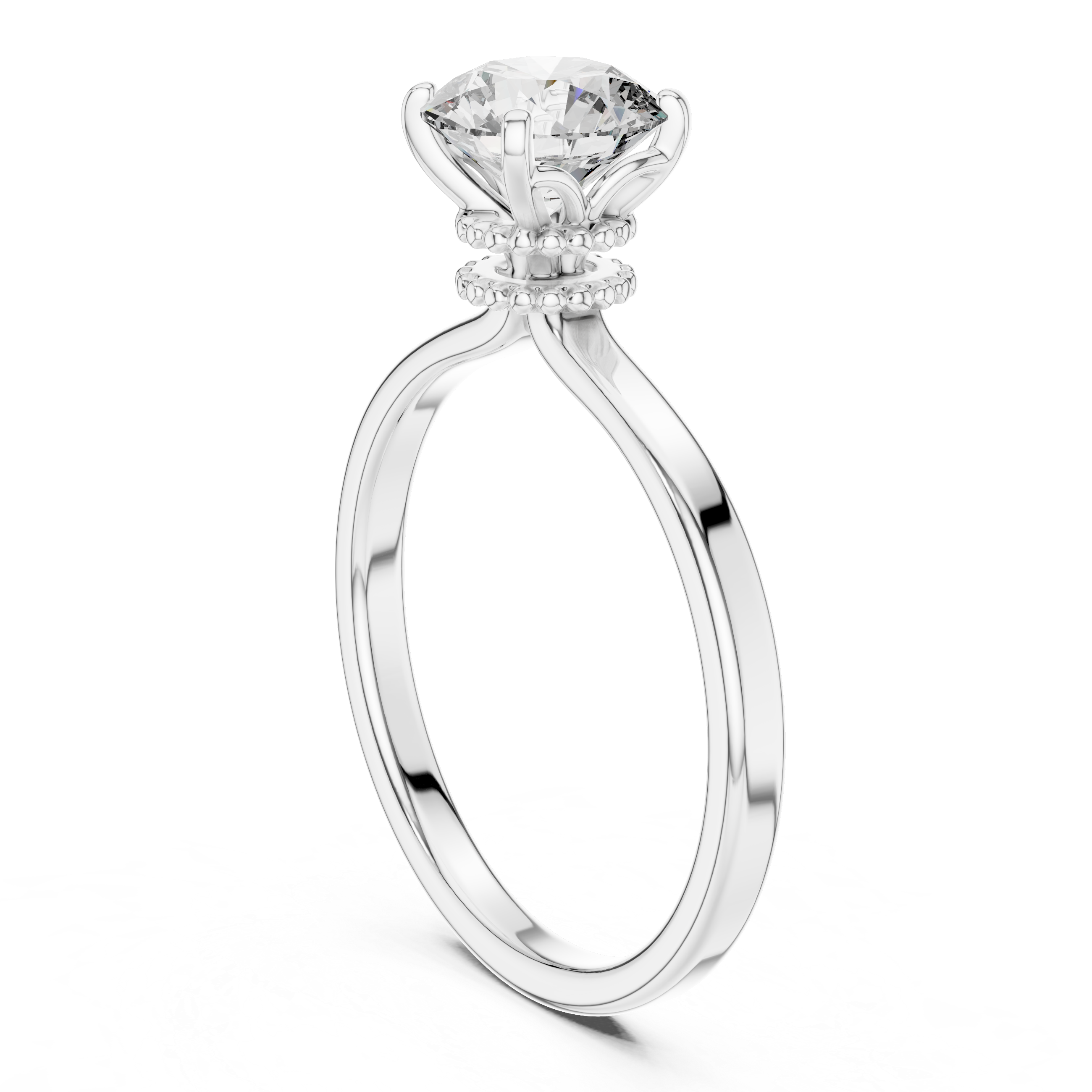 1 carat 6.5mm round lab-grown diamond engagement ring named The Odette featuring a smooth rose gold band and intricate double beaded collar setting by The Brillora Jewellery House, viewed from the side on a black background.