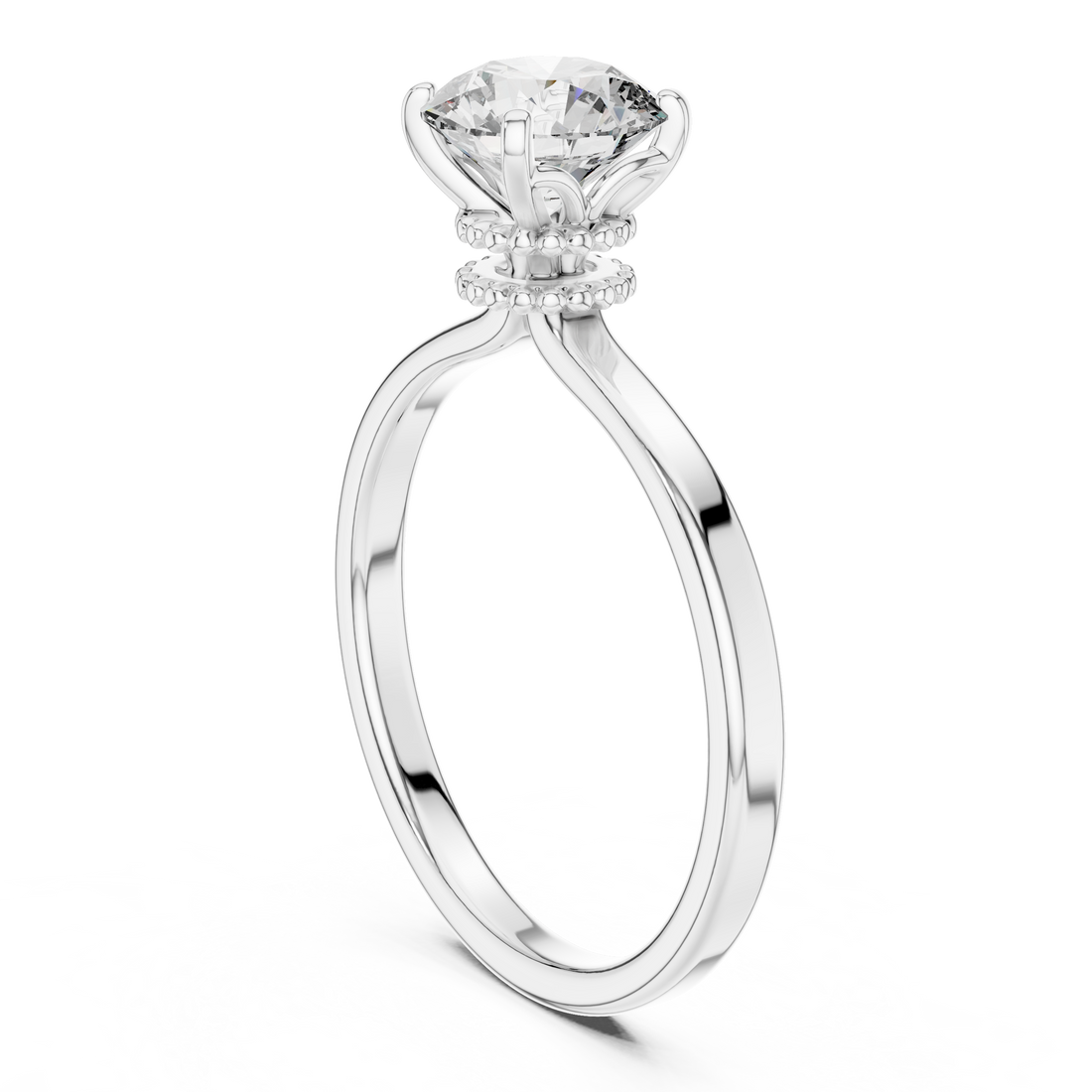 1 carat 6.5mm round lab-grown diamond engagement ring named The Odette featuring a smooth rose gold band and intricate double beaded collar setting by The Brillora Jewellery House, viewed from the side on a black background.