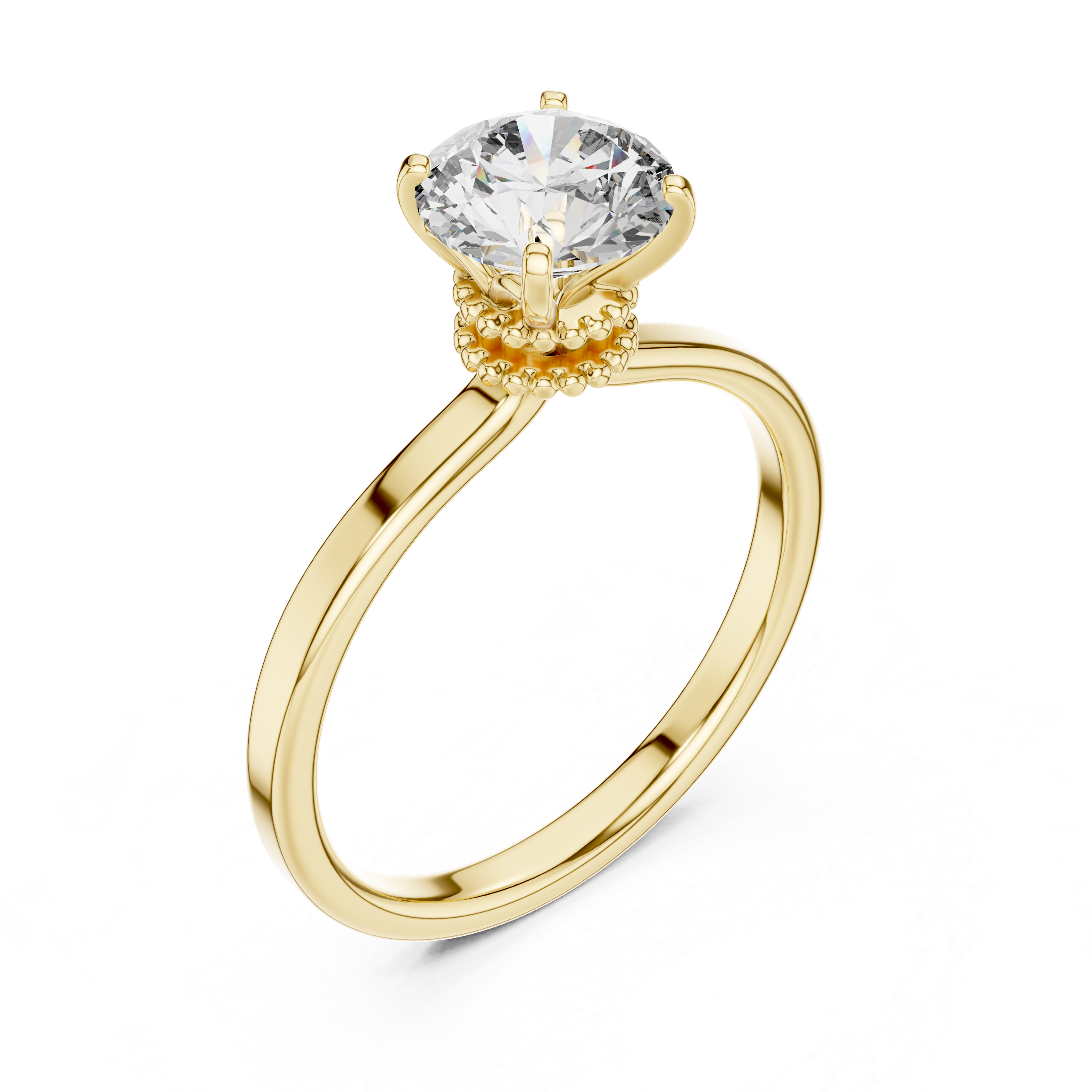 1 carat 6.5mm round lab-grown diamond engagement ring named The Odette featuring a smooth rose gold band and intricate double beaded collar setting by The Brillora Jewellery House, viewed from the side on a black background.