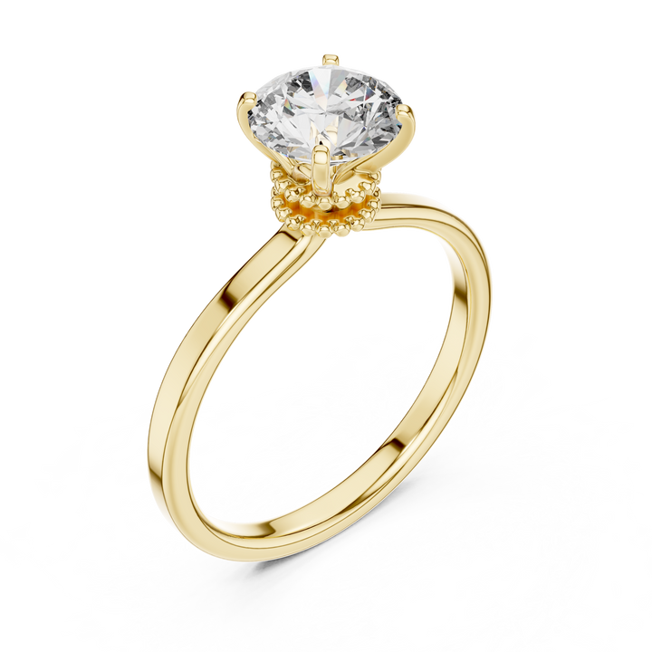 1 carat 6.5mm round lab-grown diamond engagement ring named The Odette featuring a smooth rose gold band and intricate double beaded collar setting by The Brillora Jewellery House, viewed from the side on a black background.