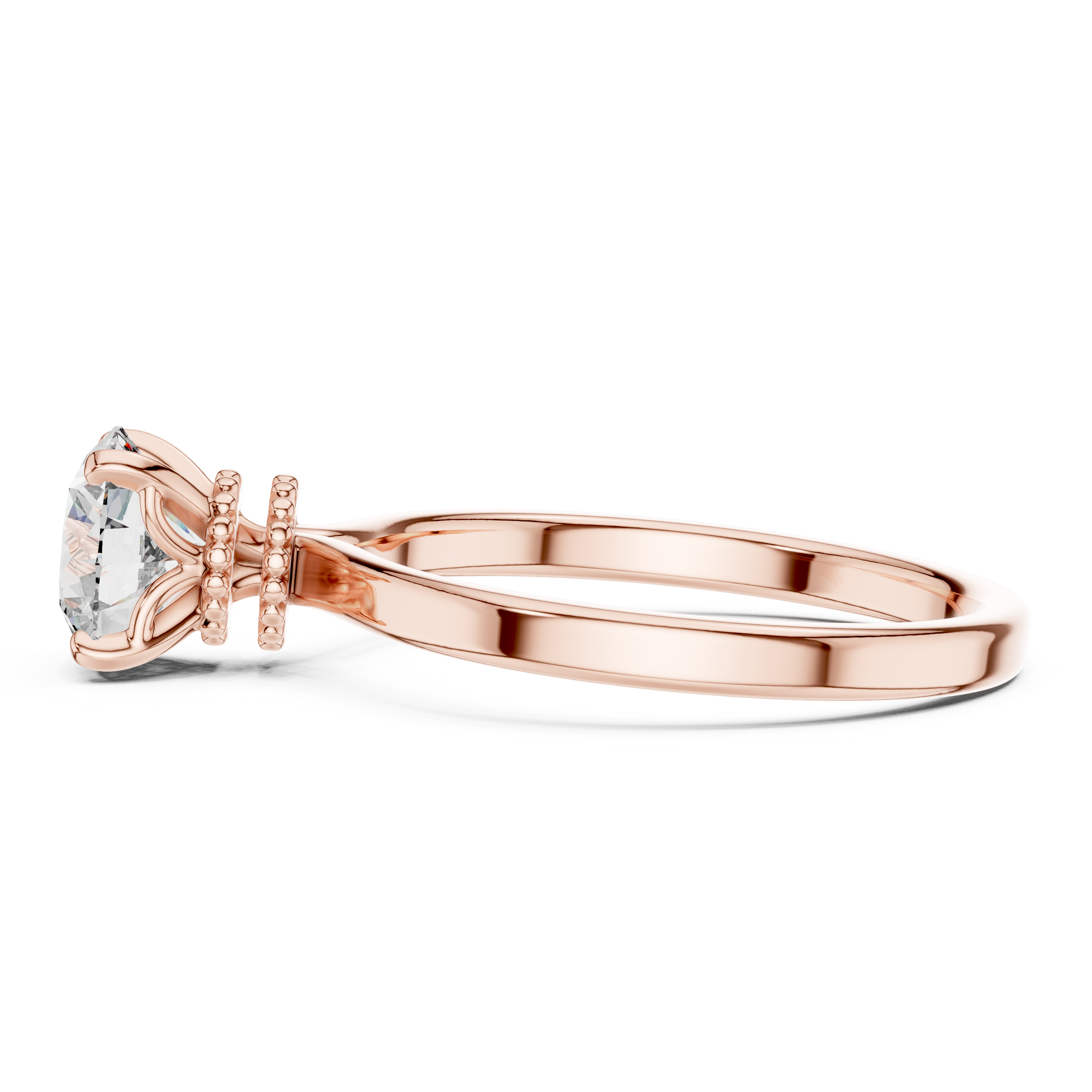 1 carat 6.5mm round lab-grown diamond engagement ring named The Odette featuring a smooth rose gold band and intricate double beaded collar setting by The Brillora Jewellery House, viewed from the side on a black background.