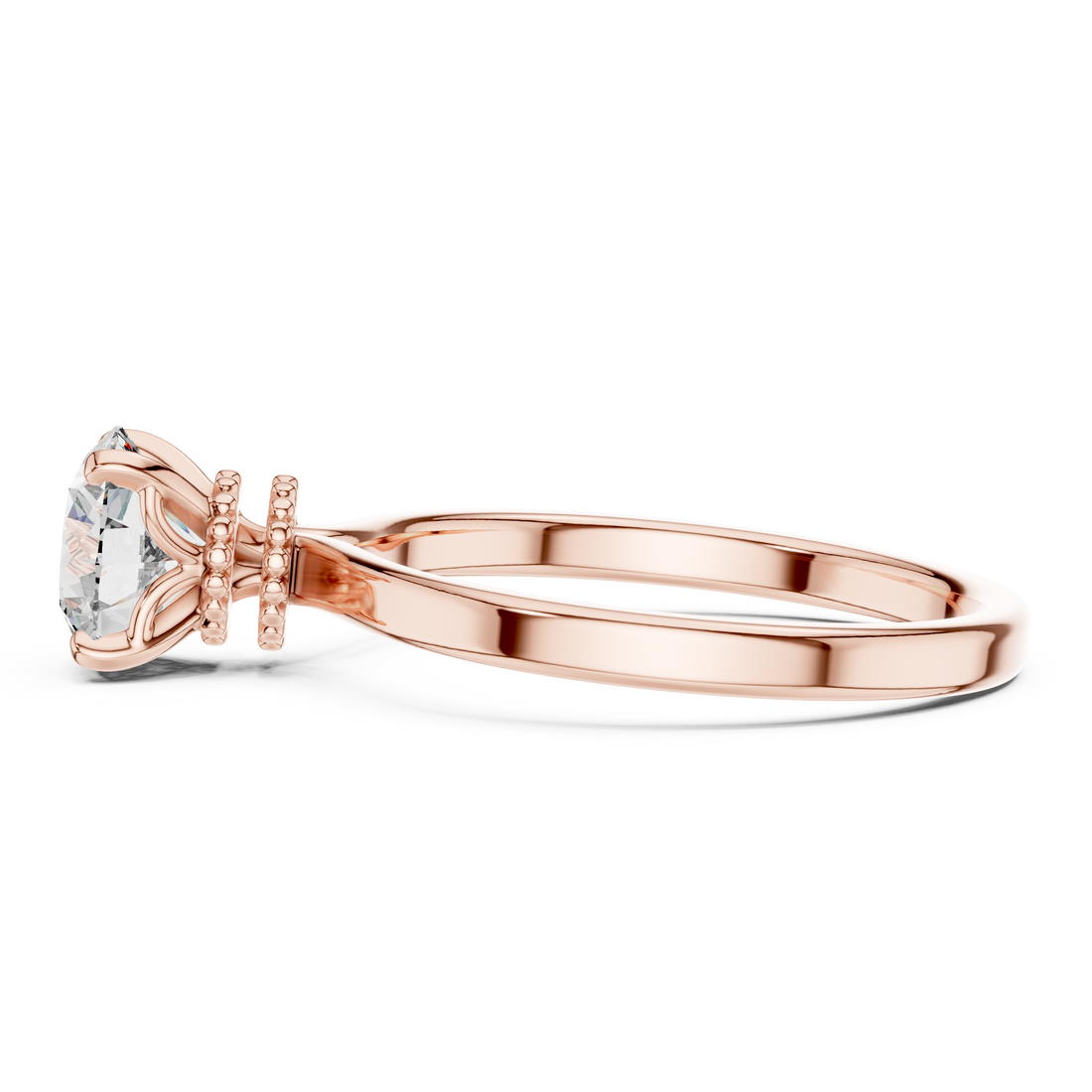 1 carat 6.5mm round lab-grown diamond engagement ring named The Odette featuring a smooth rose gold band and intricate double beaded collar setting by The Brillora Jewellery House, viewed from the side on a black background.