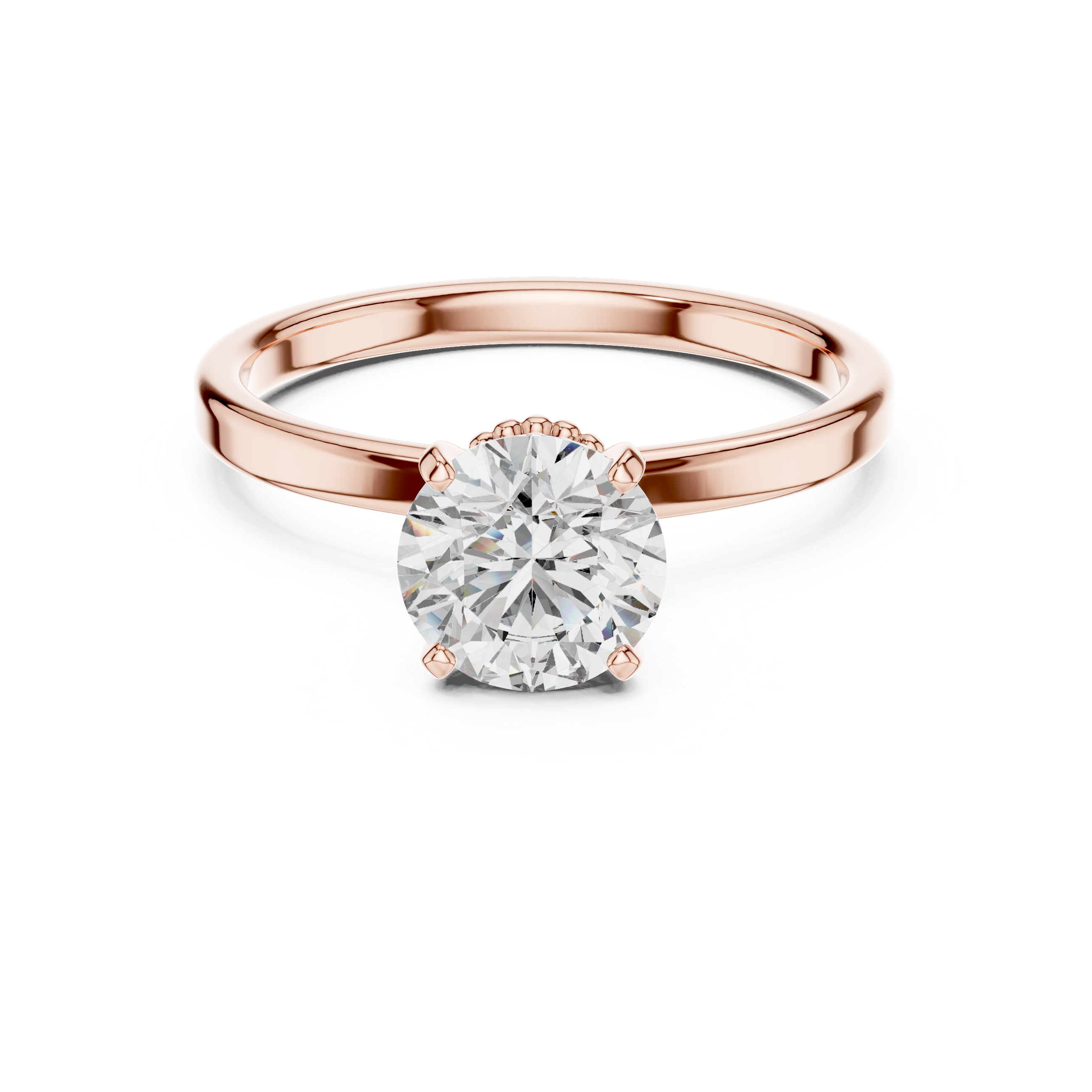 1 carat 6.5mm round lab-grown diamond engagement ring named The Odette featuring a smooth rose gold band and intricate double beaded collar setting by The Brillora Jewellery House, viewed from the side on a black background.