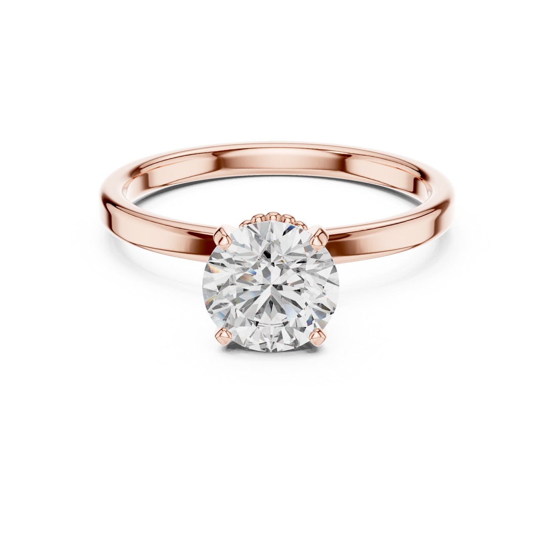 1 carat 6.5mm round lab-grown diamond engagement ring named The Odette featuring a smooth rose gold band and intricate double beaded collar setting by The Brillora Jewellery House, viewed from the side on a black background.