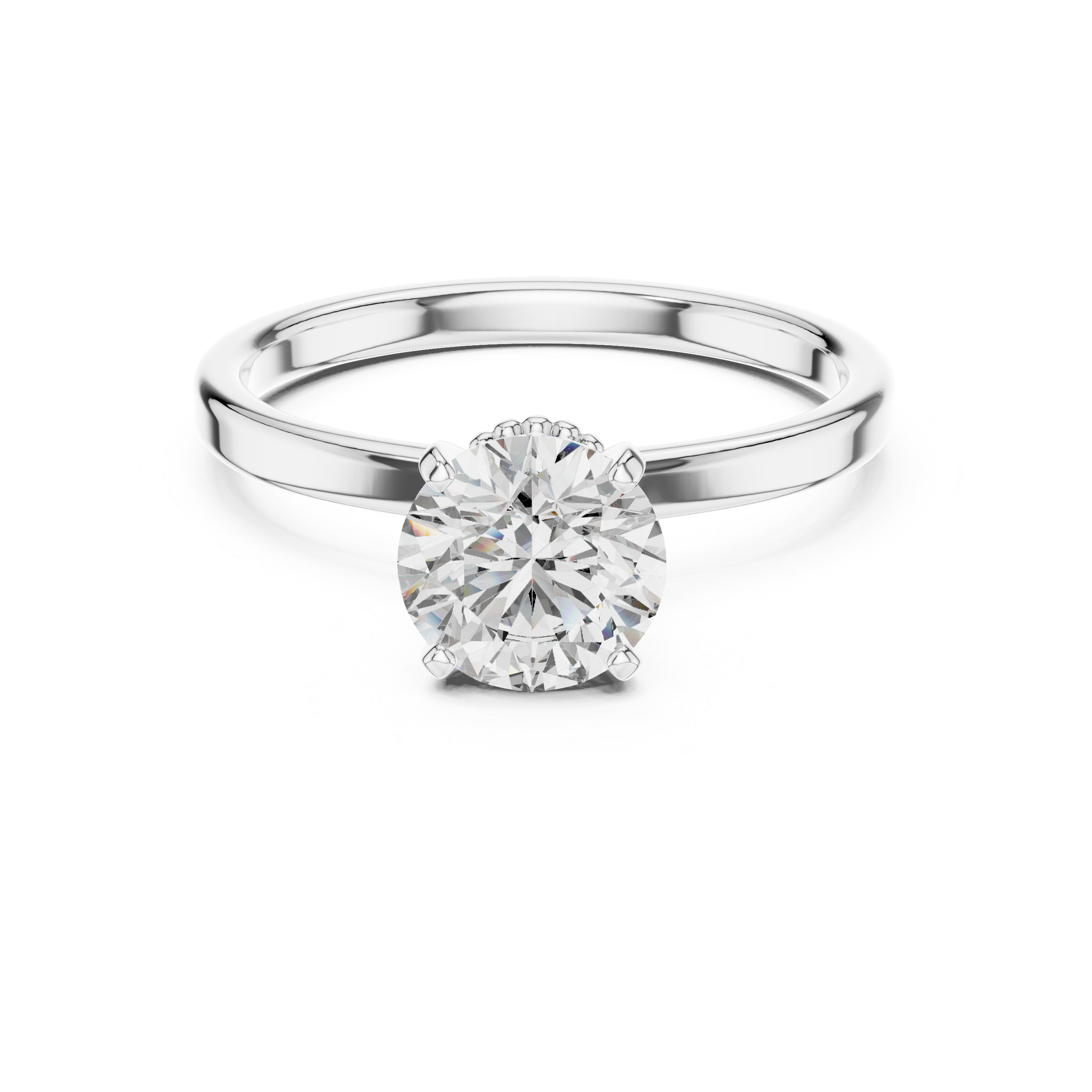 1 carat 6.5mm round lab-grown diamond engagement ring named The Odette featuring a smooth rose gold band and intricate double beaded collar setting by The Brillora Jewellery House, viewed from the side on a black background.