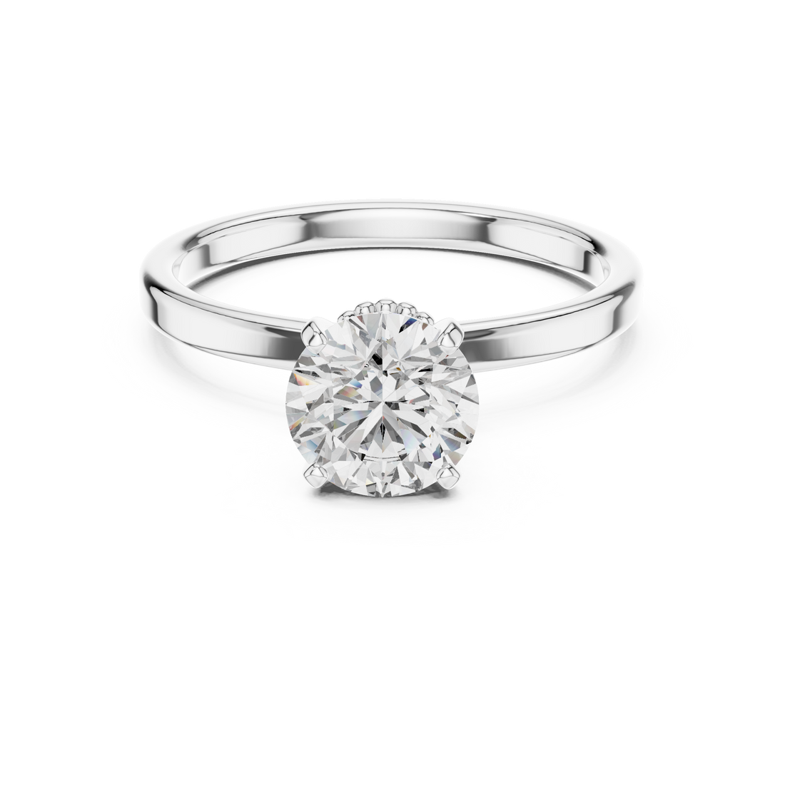1 carat 6.5mm round lab-grown diamond engagement ring named The Odette featuring a smooth rose gold band and intricate double beaded collar setting by The Brillora Jewellery House, viewed from the side on a black background.