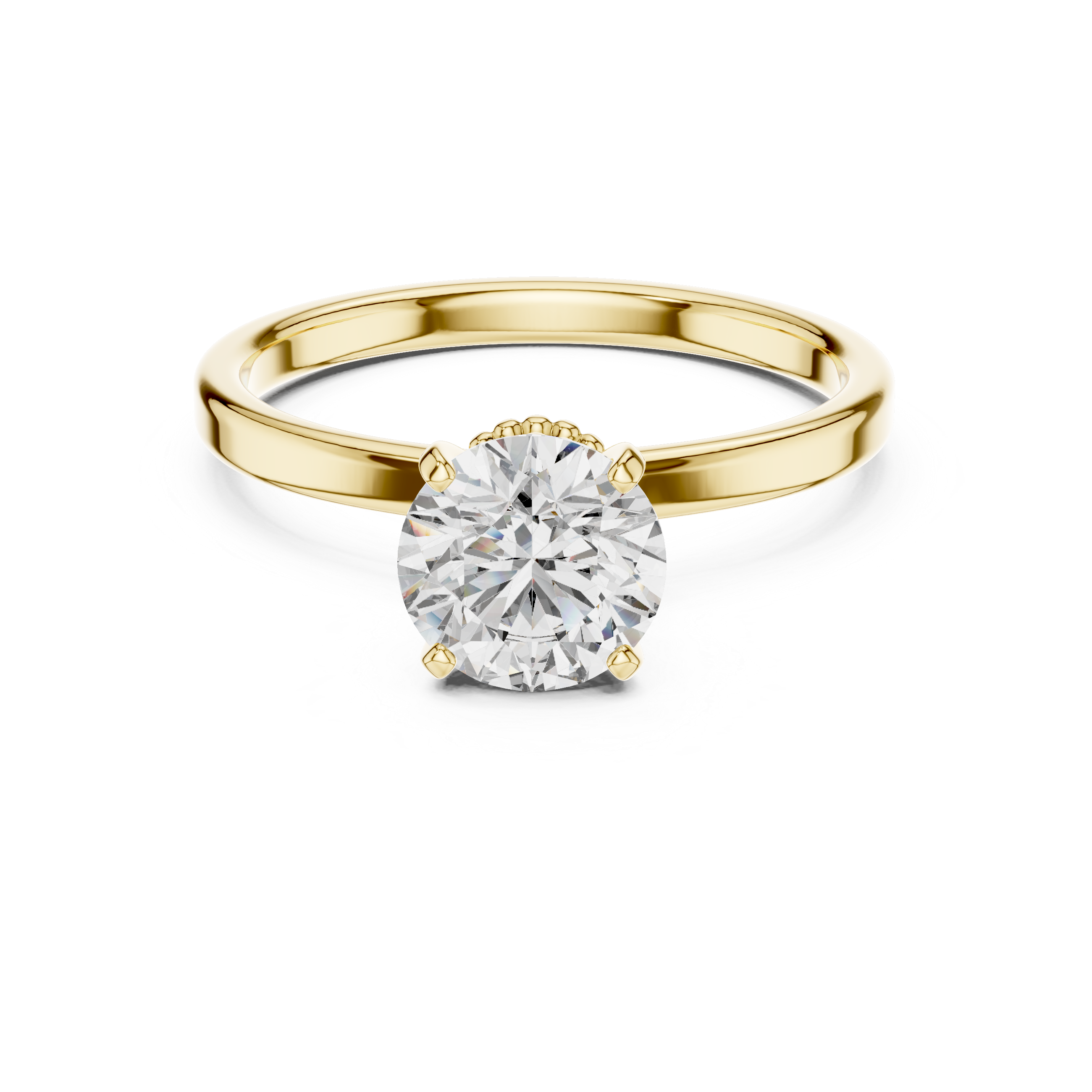 1 carat 6.5mm round lab-grown diamond engagement ring named The Odette featuring a smooth rose gold band and intricate double beaded collar setting by The Brillora Jewellery House, viewed from the side on a black background.