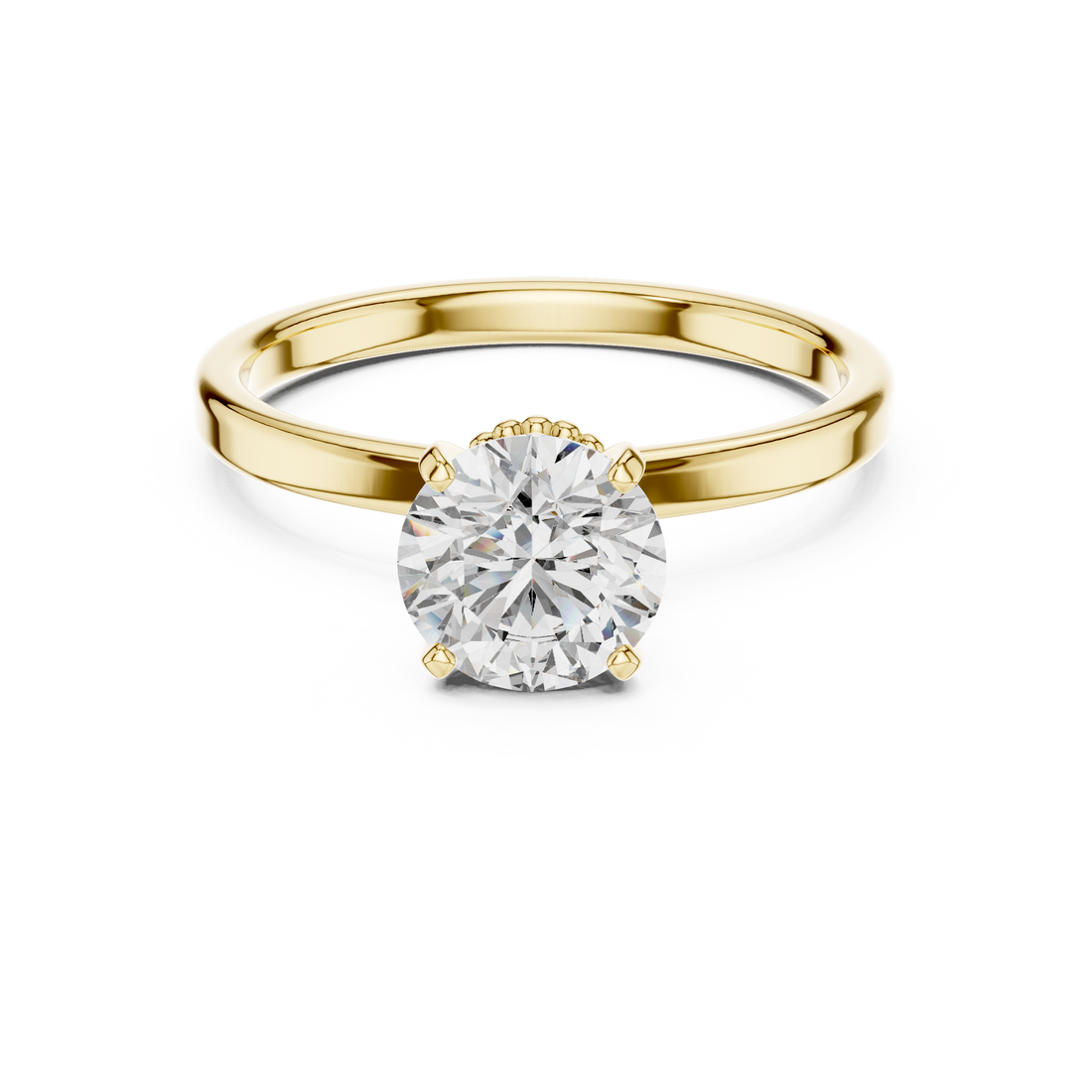 1 carat 6.5mm round lab-grown diamond engagement ring named The Odette featuring a smooth rose gold band and intricate double beaded collar setting by The Brillora Jewellery House, viewed from the side on a black background.