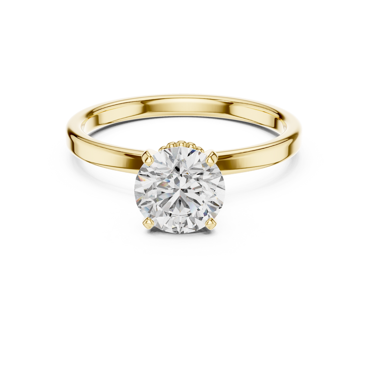 1 carat 6.5mm round lab-grown diamond engagement ring named The Odette featuring a smooth rose gold band and intricate double beaded collar setting by The Brillora Jewellery House, viewed from the side on a black background.