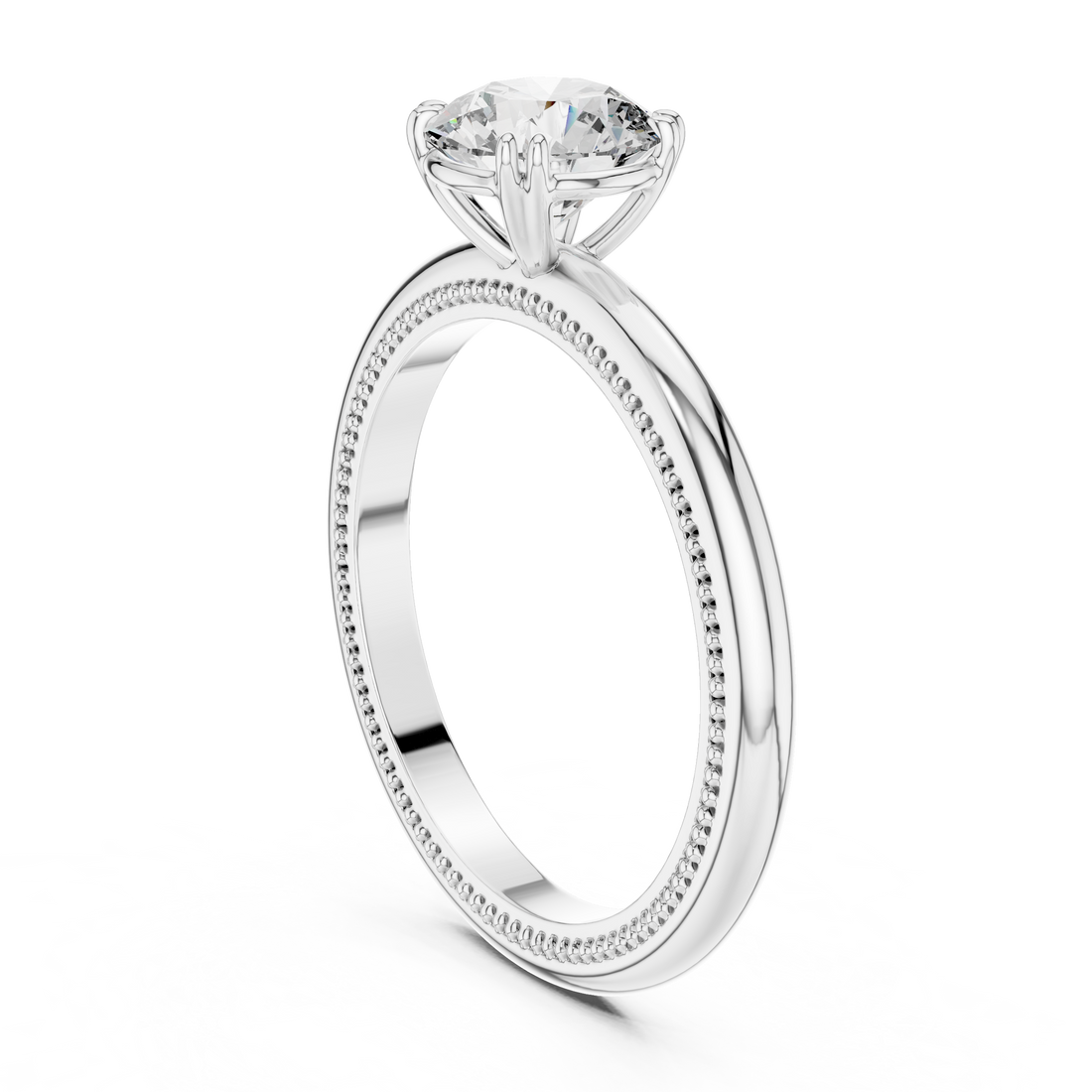 1 carat 6.5mm round lab-grown diamond engagement ring named The Aurelia featuring a yellow gold band with vintage milgrain edges by The Brillora Jewellery House, isolated on a black background.
