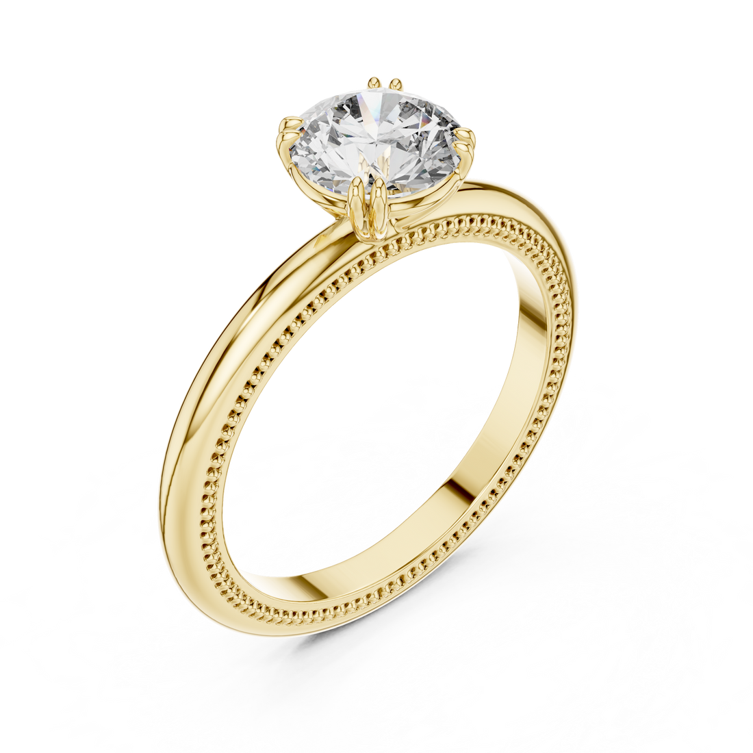 1 carat 6.5mm round lab-grown diamond engagement ring named The Aurelia featuring a yellow gold band with vintage milgrain edges by The Brillora Jewellery House, isolated on a black background.