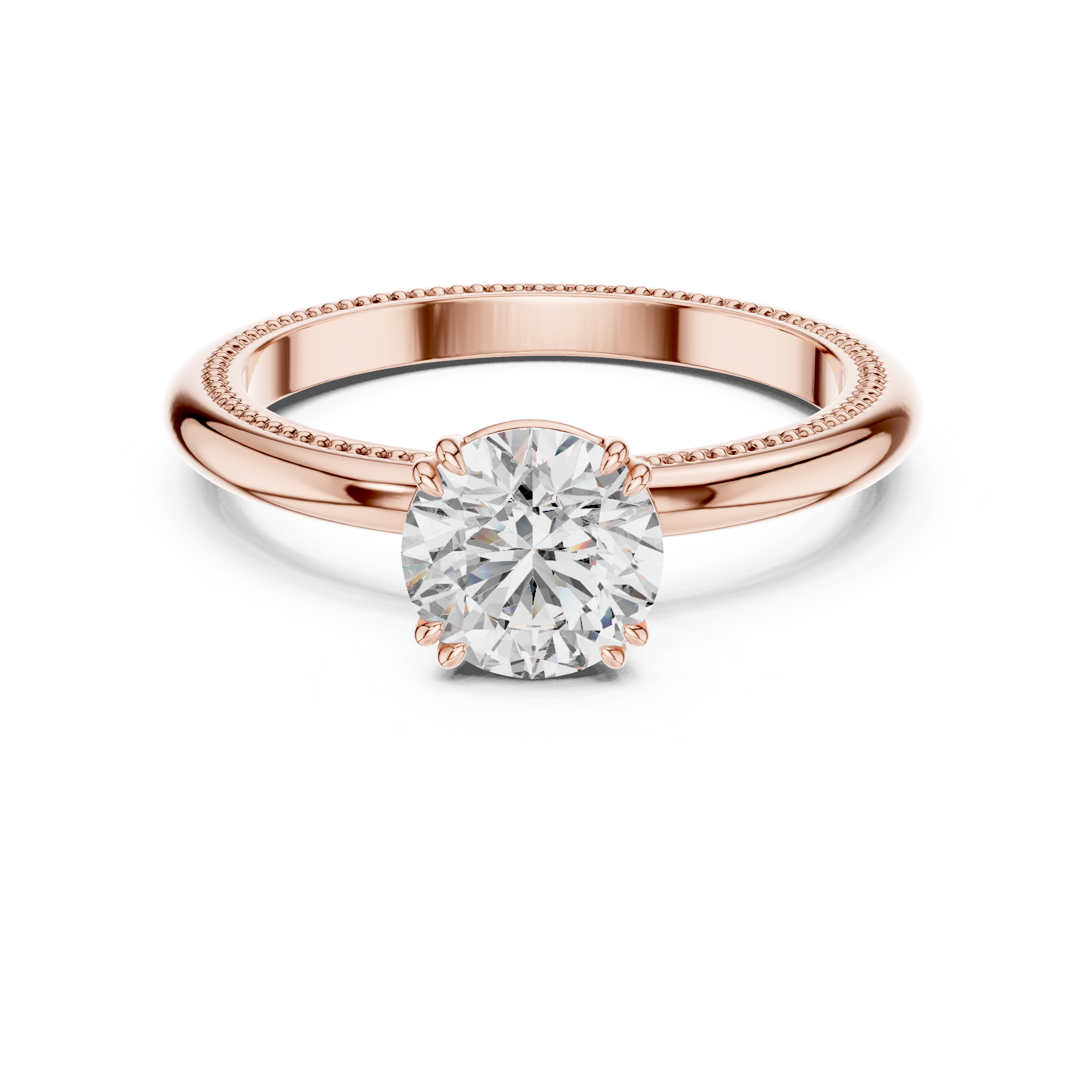1 carat 6.5mm round lab-grown diamond engagement ring named The Aurelia featuring a yellow gold band with vintage milgrain edges by The Brillora Jewellery House, isolated on a black background.