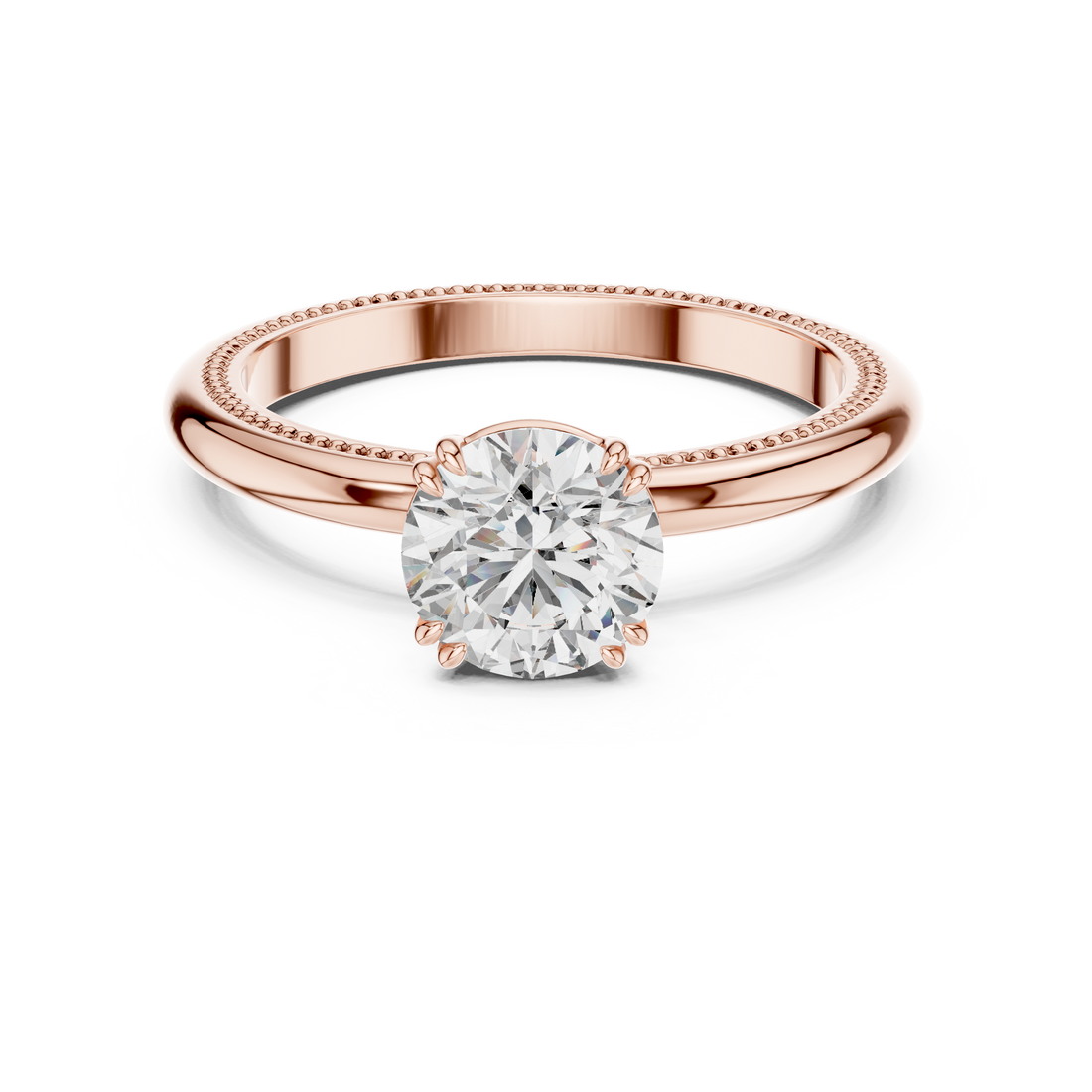 1 carat 6.5mm round lab-grown diamond engagement ring named The Aurelia featuring a yellow gold band with vintage milgrain edges by The Brillora Jewellery House, isolated on a black background.