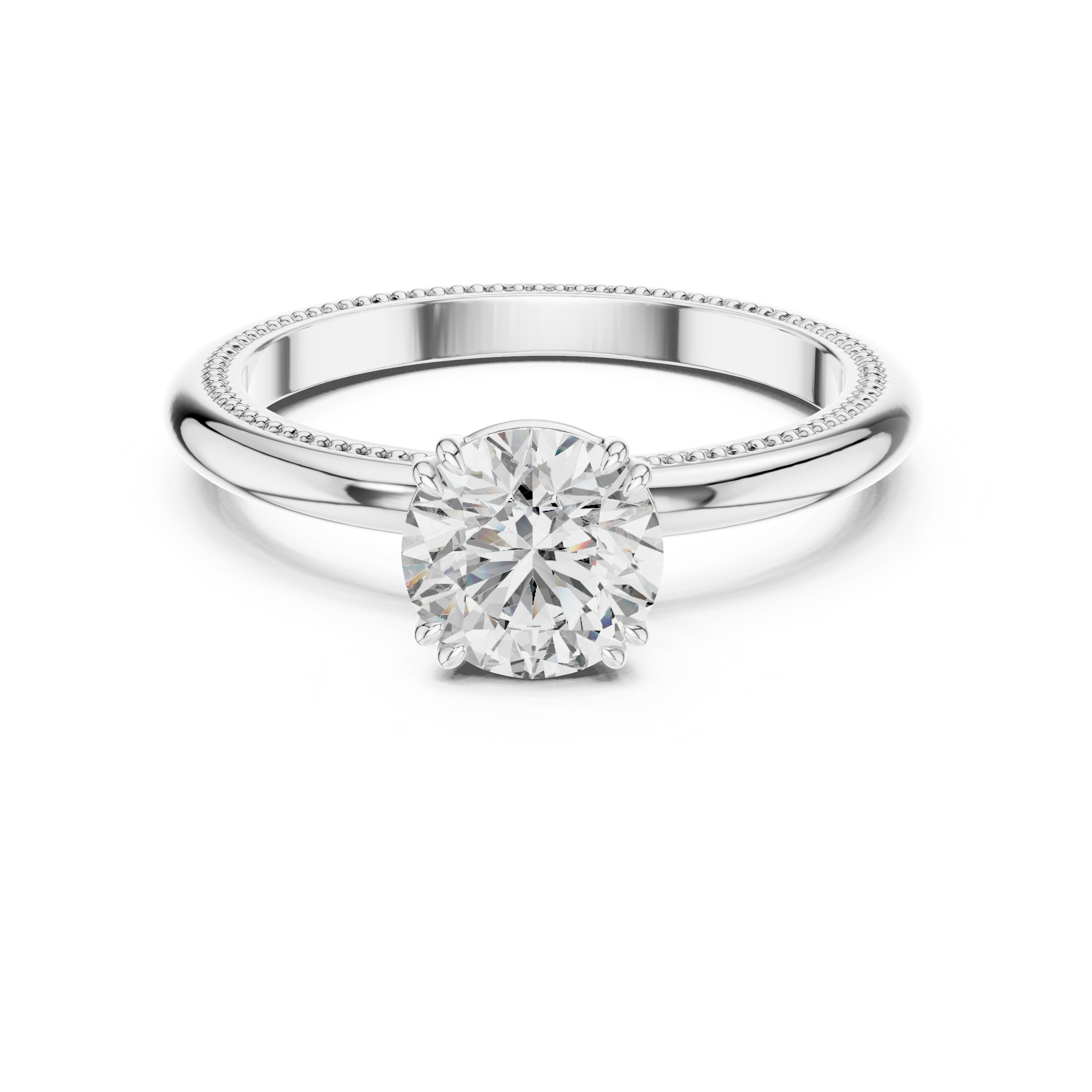 1 carat 6.5mm round lab-grown diamond engagement ring named The Aurelia featuring a yellow gold band with vintage milgrain edges by The Brillora Jewellery House, isolated on a black background.